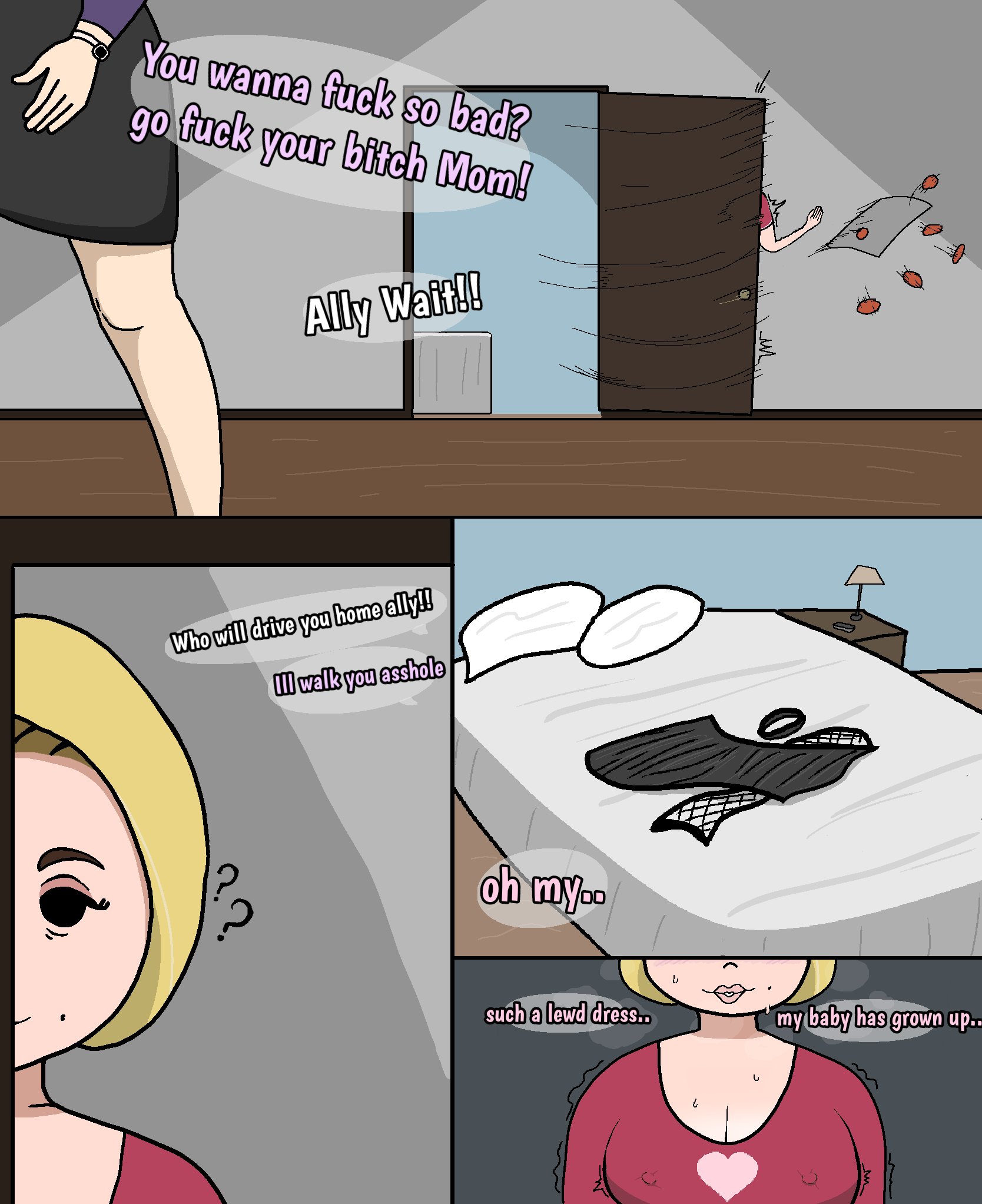 ??, 1boy, 2girls, angry, bed, bedroom, big breasts, blonde hair, breasts, clothing, comic page, dialogue, english text, erect nipples, female, fully clothed, hi res, insult, male, milf, mole, mother, motion lines, nipples, profanity, tagme, text, trembling, uniimom