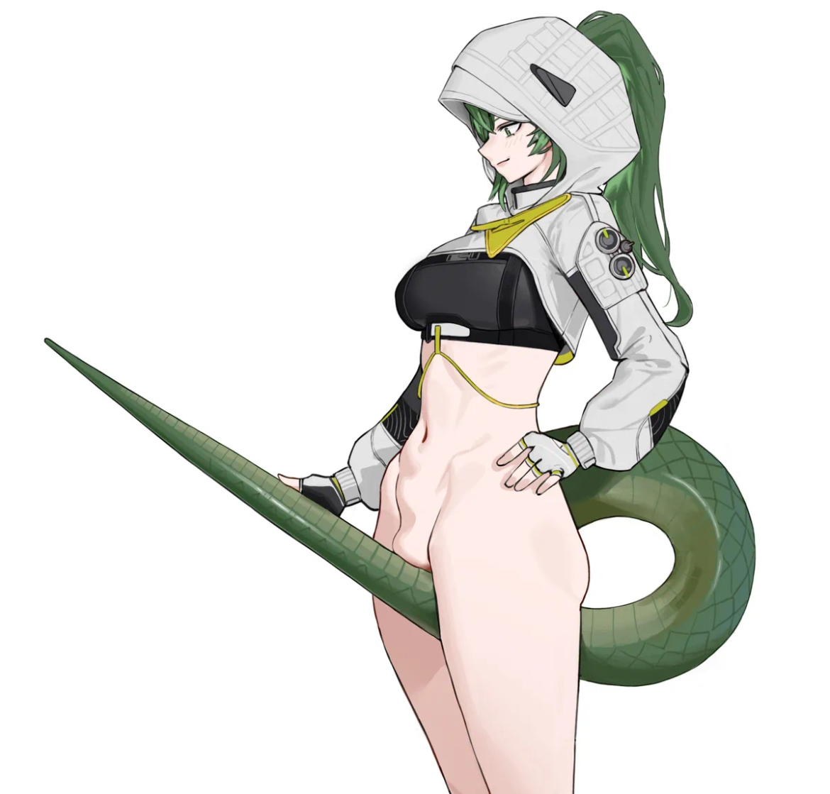 1girls, arknights, arknights: endfield, ass, belly, belly button, bottomless, crocodile tail, crocodilian, cute, cute face, female, female focus, female only, fingerless gloves, fluorite (arknights: endfield), gloves, green eyes, green hair, half naked, half-dressed, hood, hoodie, light skin, light-skinned female, midriff, no panties, ong doi, pantsless, petite, petite body, petite female, ponytail, pussy, pussy out, reptile tail, sexy, sexy body, slender body, slim waist, solo, solo female, solo focus, tail, tail against pussy, tail between legs, tiny waist, topwear, tummy