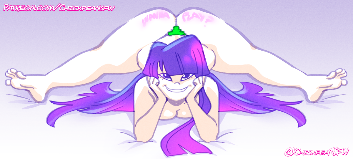 1girls, 2026, 2d, aged up, asian, asian female, ass, barefoot, big ass, big butt, body writing, butt, cartoon, cartoony, chickpea, curvaceous, curvy, curvy figure, digital drawing (artwork), english text, feet, female, female only, flexible, glitch techs, gradient background, huge ass, huge butt, large ass, limited palette, long hair, looking at viewer, medium breasts, miko kubota, nude, nude female, petite, purple background, purple hair, shortstack, simple background, soles, splits, text, thick thighs, thighs, thong, toes, very long hair