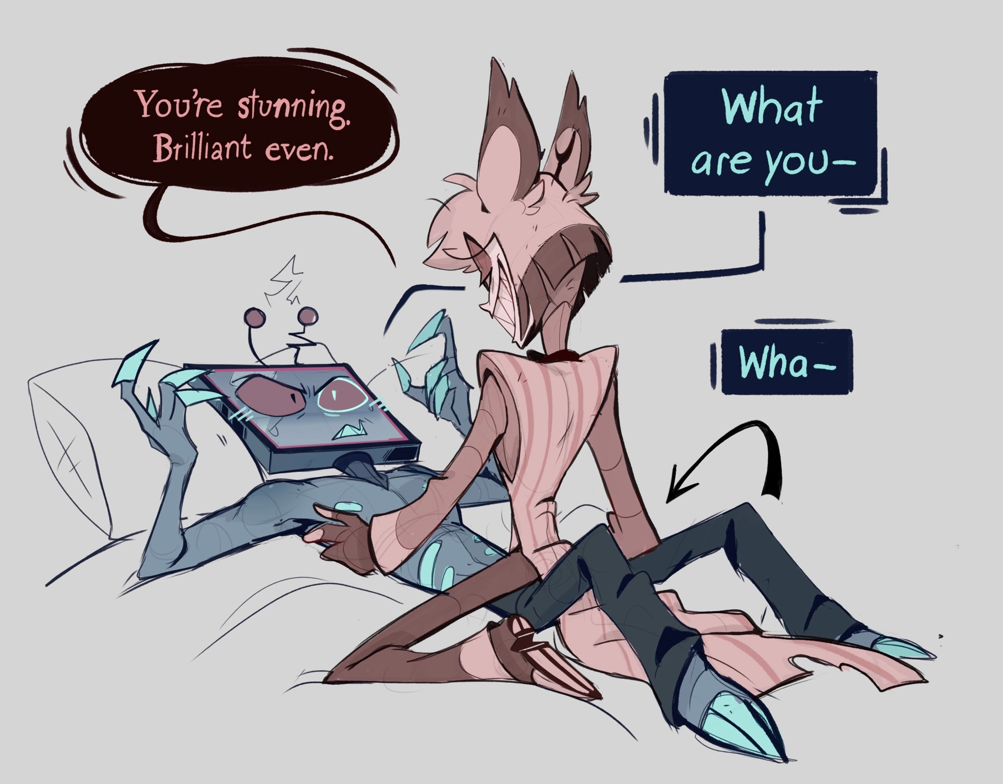 2boys, alastor (hazbin hotel), animal ears, antennae (anatomy), armpits, blue nipples, blush, clothed, craxkers, english, english text, gay, gay male, gills, hazbin hotel, hooves, looking at another, looking at partner, male, on bed, red eyes, red hair, sharp teeth, short hair, simple background, sitting on lap, sitting on person, speech bubble, square nipples, topless, tv head, vox (hazbin hotel), yaoi
