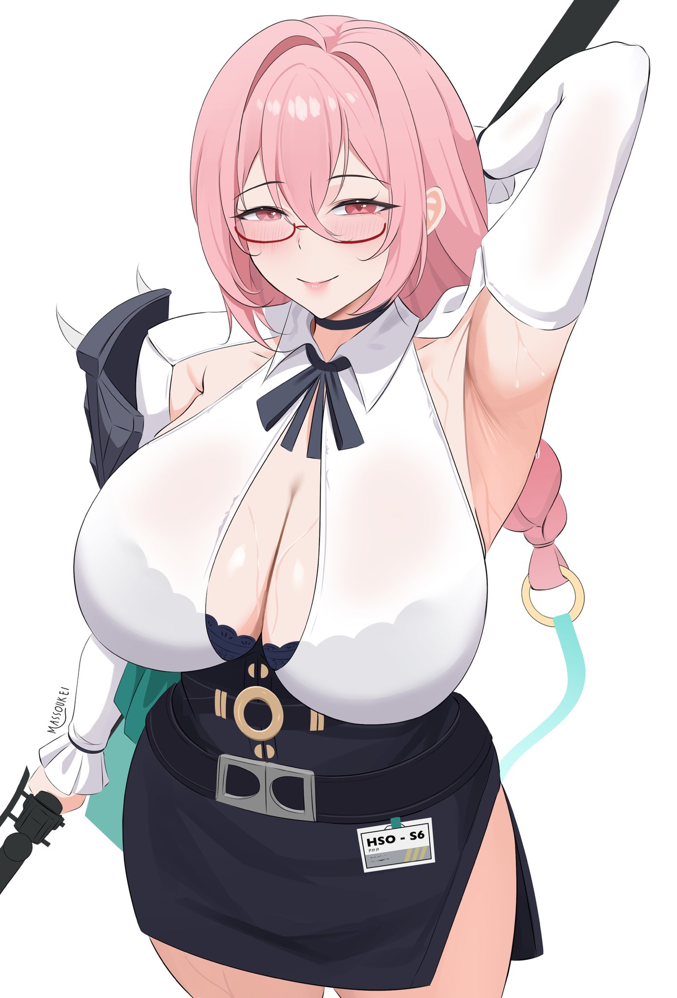 2d, 2d (artwork), 2d artwork, armpits, big boobs, big breasts, big tits, big titties, boobs, bra, bra visible through clothes, breasts, cleavage, curvy, curvy body, curvy female, curvy figure, digital drawing (artwork), digital media, digital media (artwork), female, female focus, female only, glasses, huge breasts, human, human female, humanoid, large boobs, large breasts, large tits, massoukei, mihoyo, mommy, pink hair, see-through clothing, tits, tsukishiro yanagi, zenless zone zero