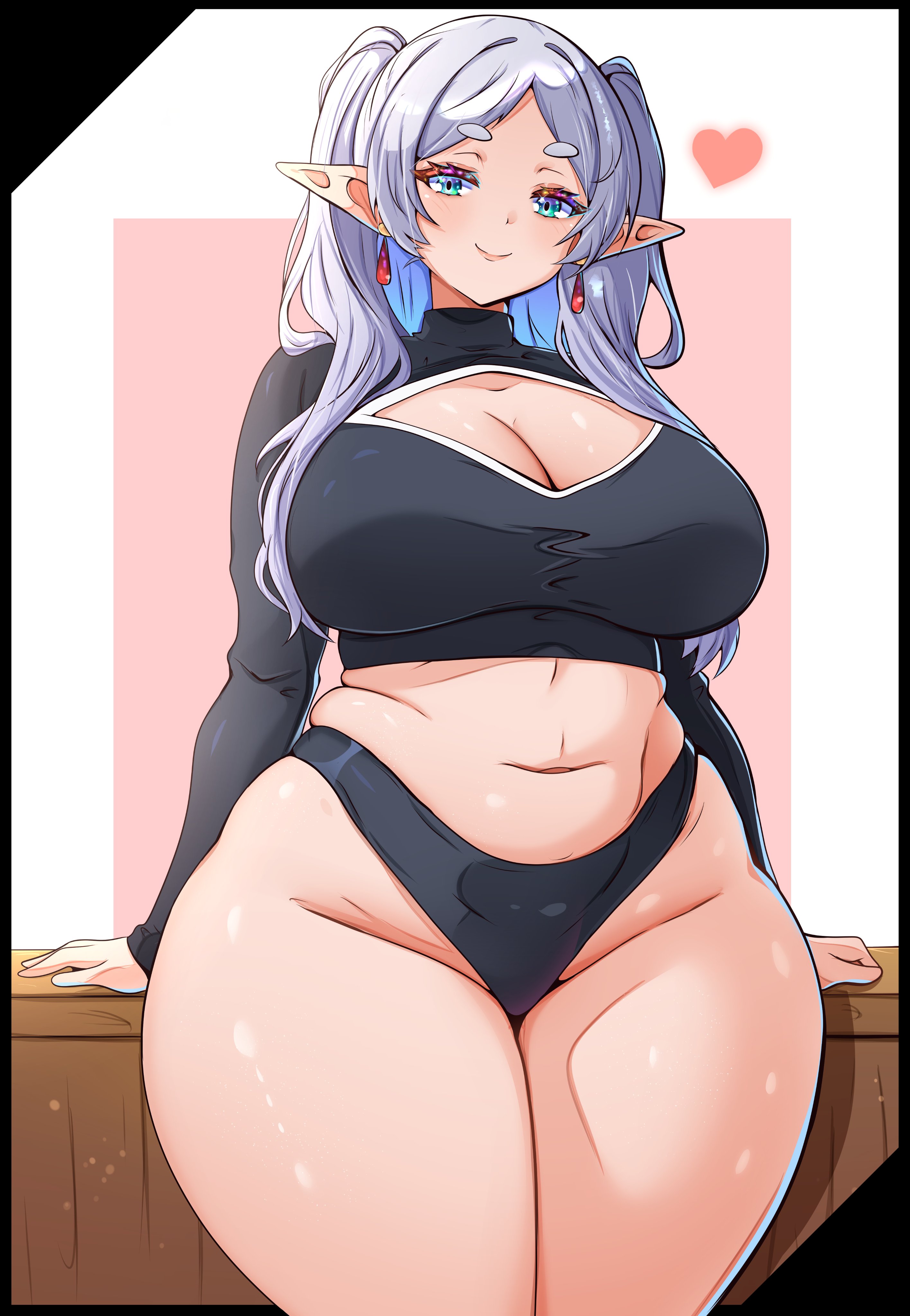 alternate body type, arm support, arms at sides, ass visible through thighs, blush, cleavage cutout, curvy, frieren, gigantic ass, gigantic thighs, heart, heart reaction, highleg, huge breasts, mrrollingcircle, seductive, seductive look, smile, sousou no frieren, thick thighs, wide hips