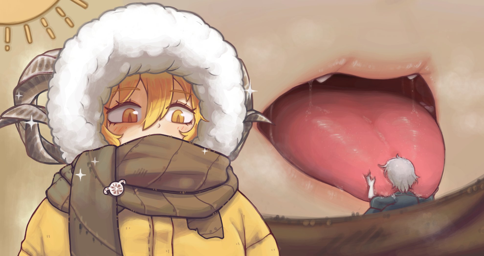 cunlel, don quixote (limbus company), giantess, heishou pack-wei branch (identity) (project moon), licking, limbus company, project moon, scarf, tongue