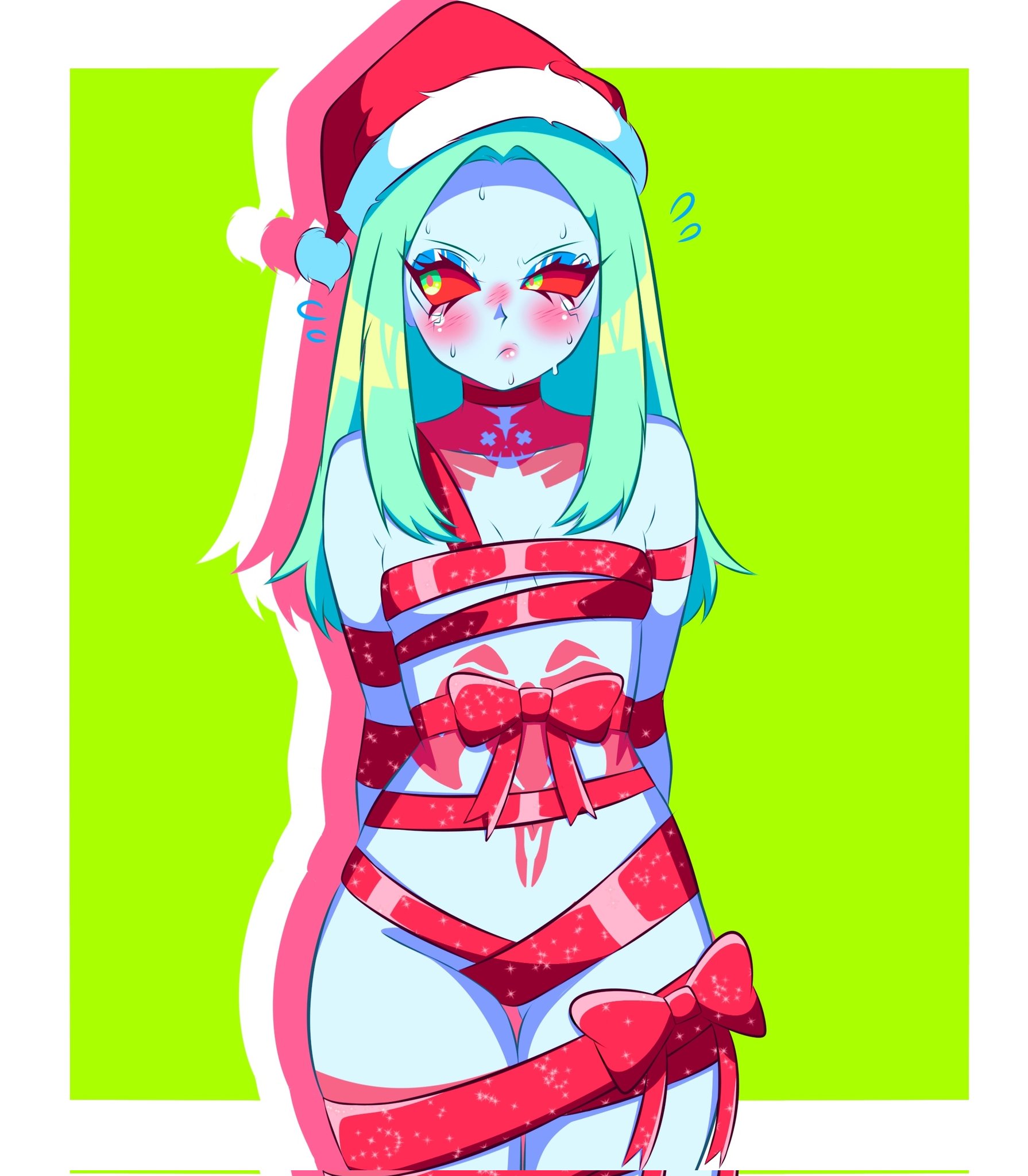 b1iz4rd, bondage, christmas, cyberpunk 2077, cyberpunk: edgerunners, femsub, present, rebecca (edgerunners), ribbon, ribbon bondage, tagme