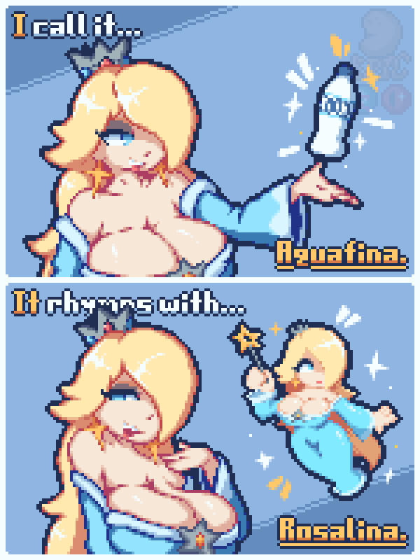 1girls 2koma blonde_hair blue_background blue_dress blue_eyes bottle cleavage ear_piercing english_text epicpotatolord female holding_wand huge_breasts lactation large_breasts mario_(series) milk pixel_art potato princess_rosalina smile solo super_mario_galaxy