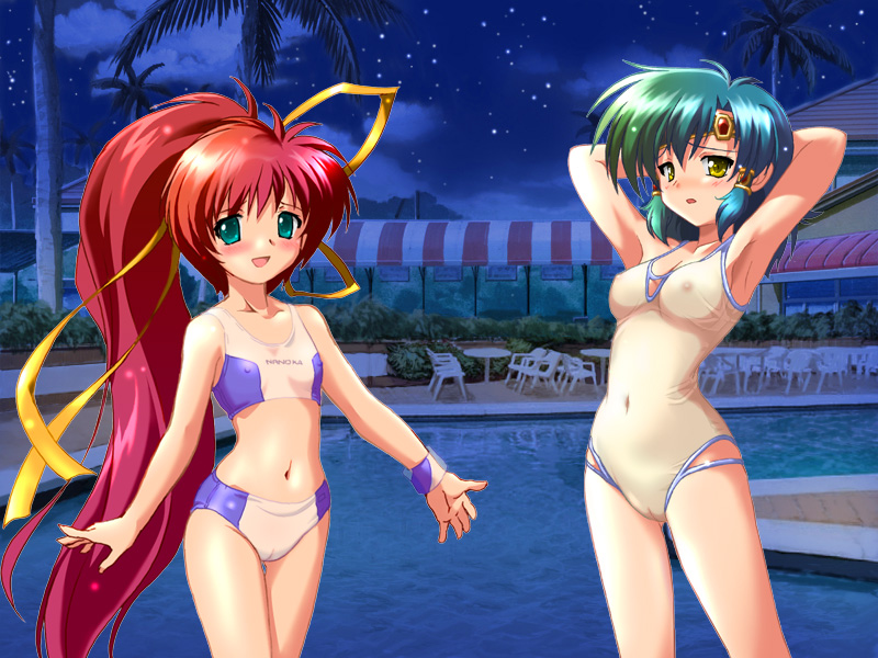 2girls armpits arms_behind_head arms_up bikini blush breasts female female_only flat_chest green_eyes hair_tubes komatsu_eiji long_hair multiple_girls nanoca_flanka nipples noki_welkin open_mouth photoshop pointy_chin ponytail pussy red_hair ribbon see-through swimsuit tied_hair tristia_of_the_deep_blue_sea uncensored very_long_hair