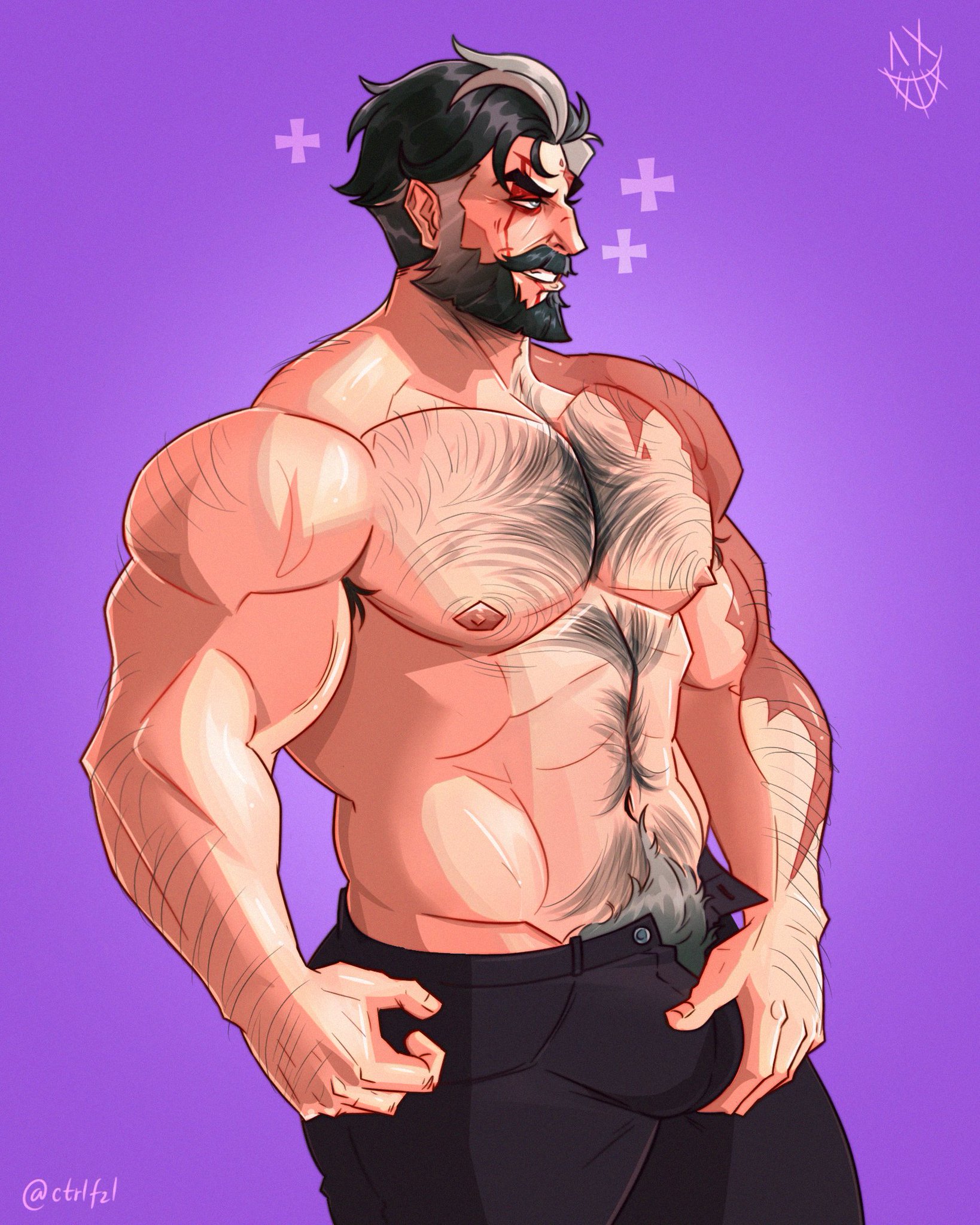 bara, barazoku, beard, big pecs, bulge, chest hair, ctrlfzl, daddy, deadlock, grabbing bulge, hairy, hairy chest, male, male only, manly, masculine, masculine male, mature, mature male, muscular, muscular male, scar, scar across eye, scar on face, smile, smiling, solo, venator (deadlock)