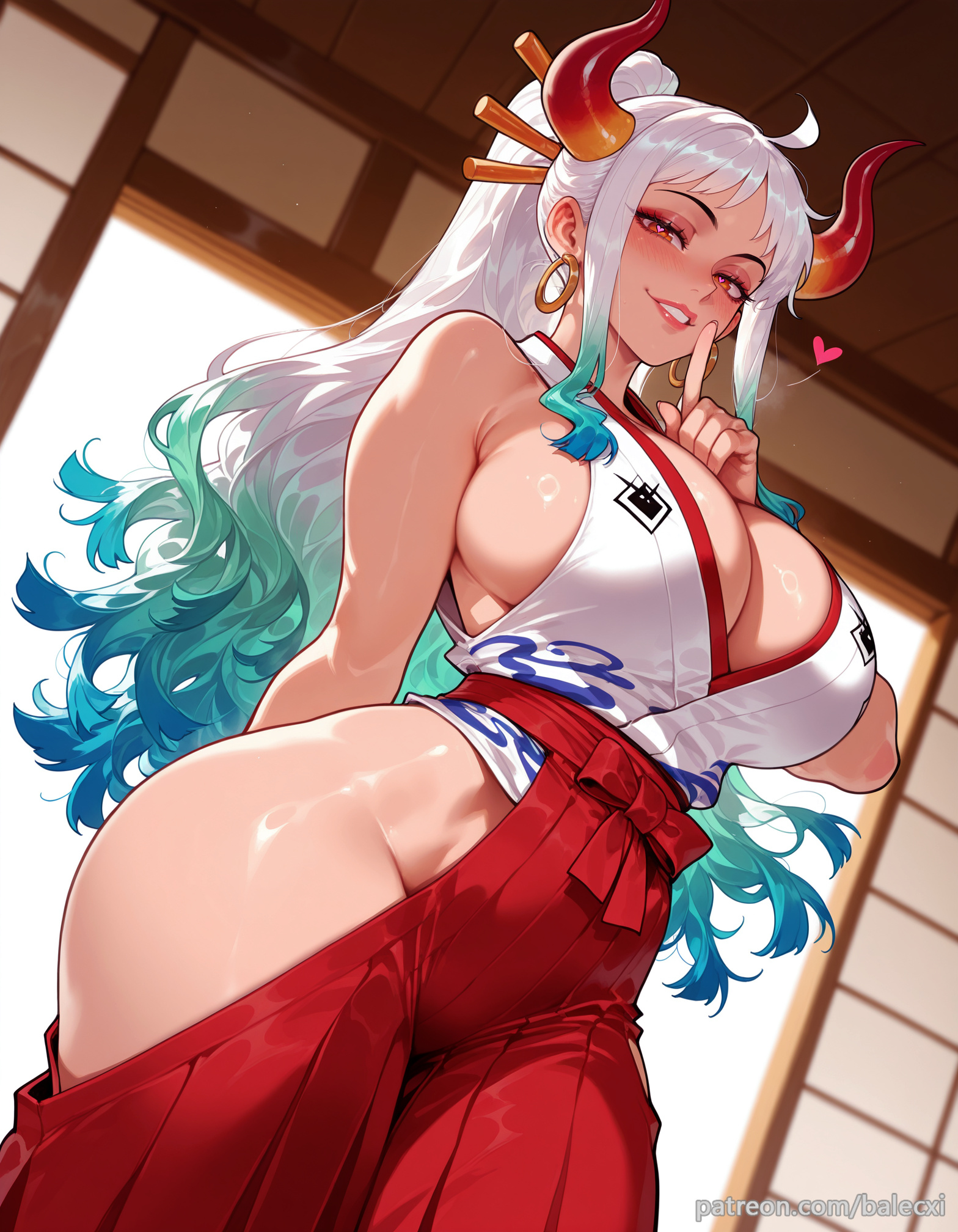 ahoge, ai generated, arm behind back, balecxi, bare shoulders, curled horns, female, female only, finger to mouth, green hair, hair ornament, hair stick, hakama pants, hip cleavage, hip cutout, hip focus, hip vent, hoop earrings, huge breasts, japanese clothes, jewelry, lips, long hair, looking at viewer, multicolored hair, multicolored horns, one piece, oni, patreon username, red hakama, red horns, shushing, sideboob, sleeveless, sleeveless kimono, smile, solo, white hair, yamato (one piece)
