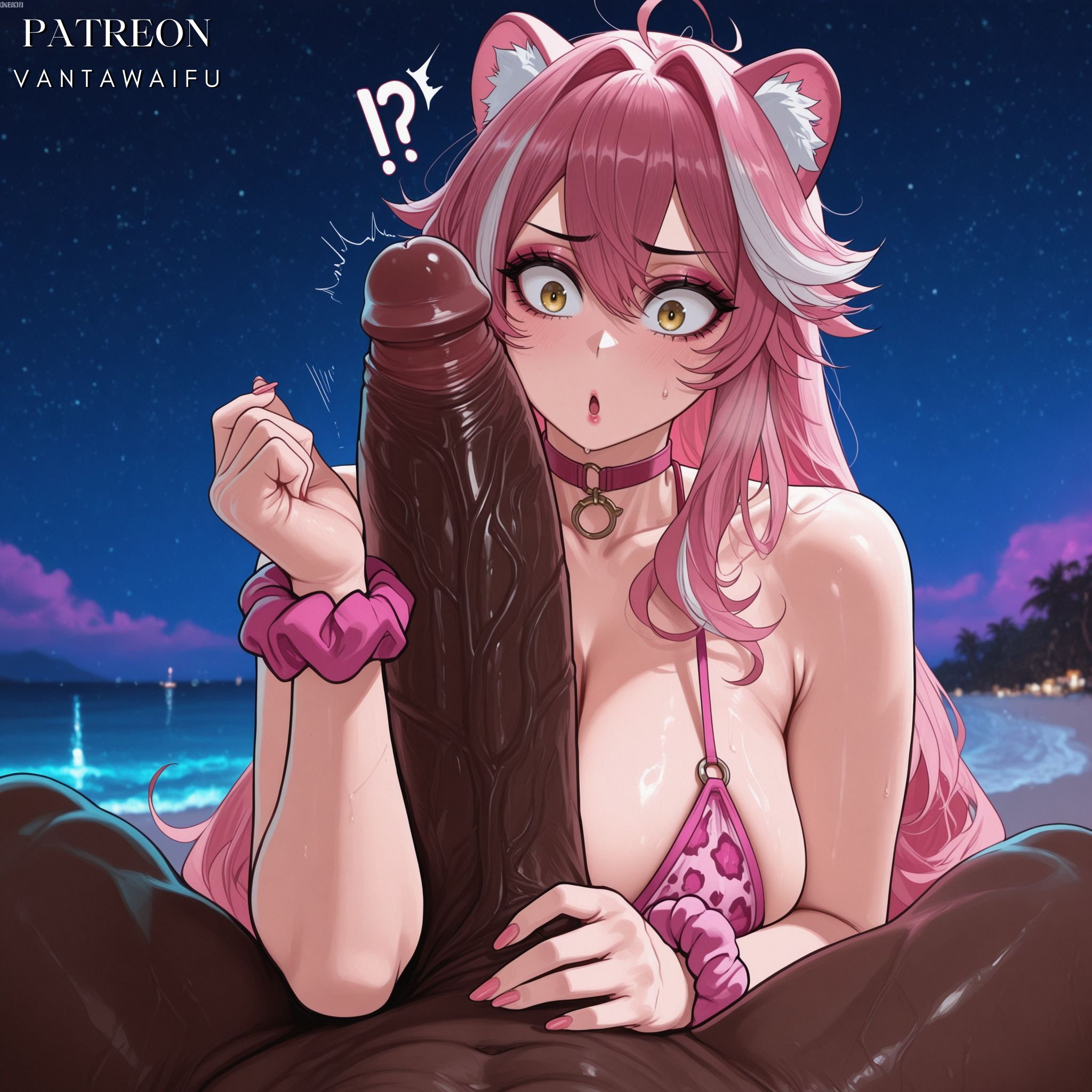 :o, !?, 1boy, ahoge, ai generated, animal ear fluff, animal ears, animal print, artist name, bare shoulders, beach, bikini, blush, breasts, choker, cleavage, clothing, collarbone, constricted pupils, dark skin, dark-skinned male, erection, female, fingernails, forearm cock, generic dark-skinned-muscular male, hair between eyes, hair intakes, hololive, hololive english, huge cock, interracial, large breasts, large penis, leopard print, long hair, looking at penis, looking at viewer, makeup, male, multicolored hair, nail polish, navel, night, night sky, o-ring, ocean, open mouth, outdoors, palm tree, patreon username, penis, penis awe, penis measuring, pink bikini, pink choker, pink hair, pink nails, pink scrunchie, pov crotch, print bikini, raora panthera, scrunchie, sky, solo focus, star (sky), starry sky, straight, streaked hair, surprised, sweat, swimsuit, twitching penis, two-tone hair, vantawaifu, veins, veiny penis, very dark skin, virtual youtuber, water, white hair, wide-eyed, wrist scrunchie, yellow eyes