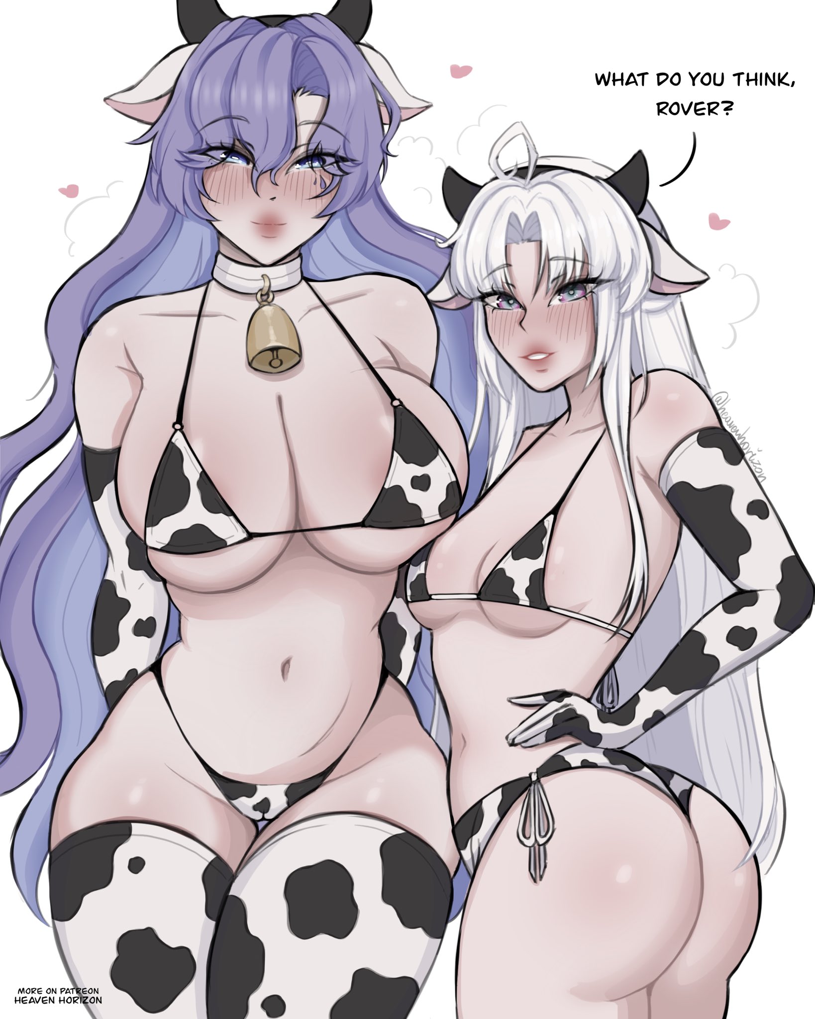 2girls, big ass, big breasts, big butt, blush, cantarella (wuthering waves), carlotta (wuthering waves), cow horns, cow print bikini, female, female focus, female only, heaven horizon, hips, small breasts, wuthering waves
