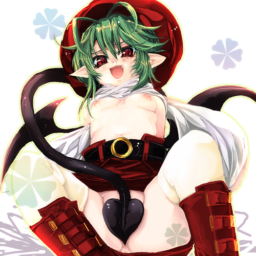 clothing cute_fang demon_tail devil_tail green_hair hat lowres mis nipples no_panties nude pointy_ears rukia_moon shinrabanshou short_hair skirt small_breasts stockings tail thighhighs topless