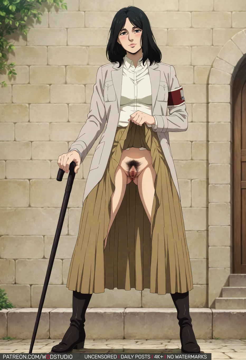 ai generated, ai-created, armband, artist name, attack on titan, black eyes, black footwear, black hair, blush, boots, breasts, brick wall, brown skirt, cane, censored, clothes lift, clothing, coat, exhibitionism, female, female pubic hair, female soldier, footwear, full body, gluteal fold, grey coat, grey jacket, high heels, high resolution, holding, holding cane, jacket, lifted by self, long skirt, long sleeves, looking at viewer, marley military uniform, medium hair, military, military uniform, mosaic censoring, nopan, open clothes, outdoors, pieck finger, pubic hair, public indecency, red armband, shingeki no kyojin, shirt, shoes, skirt, skirt lift, smile, soldier, solo, spread legs, stairs, standing, vagina, white shirt, wodstudio