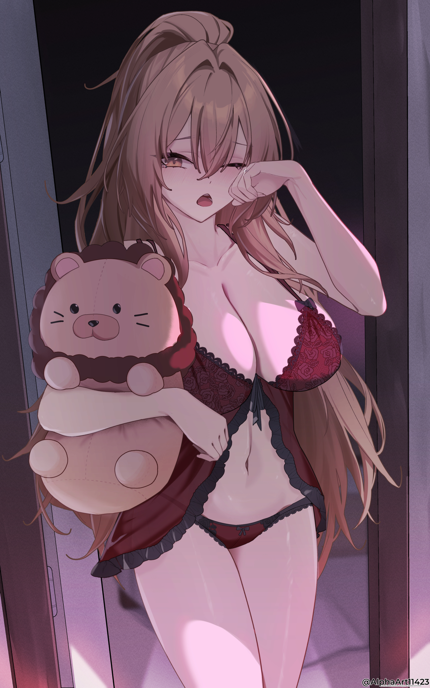 alphaart, alternate costume, artist name, azur lane, babydoll, bangs, bare shoulders, black background, blush, bow, bow panties, bra, breasts, brown, brown hair, cleavage, collarbone, crossed bangs, doorway, eyes, female, hair between eyes , hair intakes, hand up, holding, holding stuffed toy, large breasts, lingerie, lion (azur lane), long hair, looking at viewer, messy hair, navel, one eye closed, open door, open mouth, panties, pov doorway, red babydoll, red bra, red panties, sidelocks, solo, standing, stuffed animal, stuffed lion, stuffed toy, thighs, underwear, very long hair