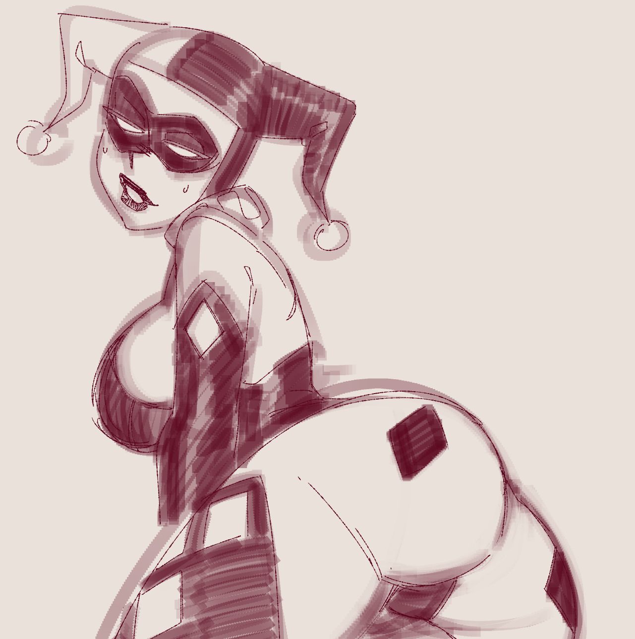 dc comics, harley quinn, harley quinn (classic), presenting ass, seduction techniques, sideboob, sketch, teelokay (artist)