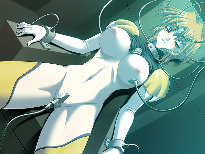 blonde_hair bondage brainwashing breasts cable choukou_sentai_justice_blade electrodes game_cg green_eyes hyoudou_azumi justice_blade large_breasts nipples papaya_jun short_hair wires