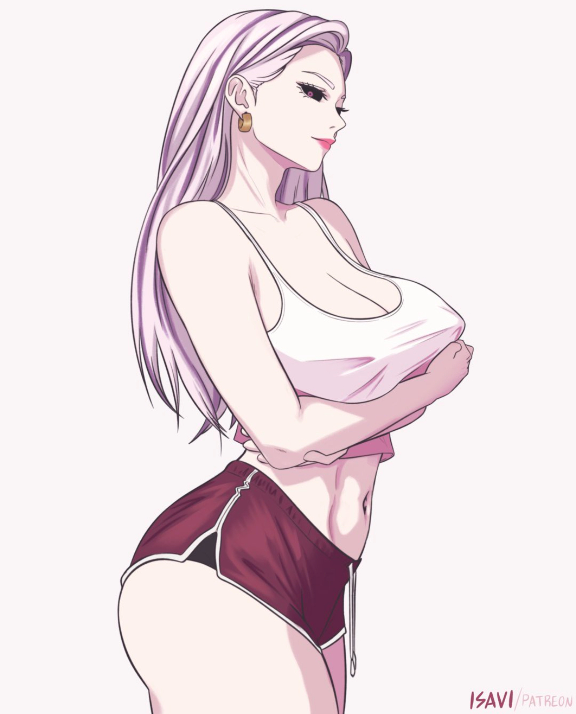 arms crossed, arms under breasts, bare legs, bare shoulders, bare thighs, belly, big breasts, black sclera, breasts, cleavage, curvy, curvy female, cute, cute face, female, female focus, female only, isavi, juicy lips, jujutsu kaisen, long hair, midriff, nipple bulge, pale-skinned female, pink hair, sexy, sexy body, short shorts, side view, slender waist, solo, solo female, solo focus, t-shirt, tummy, uro takako