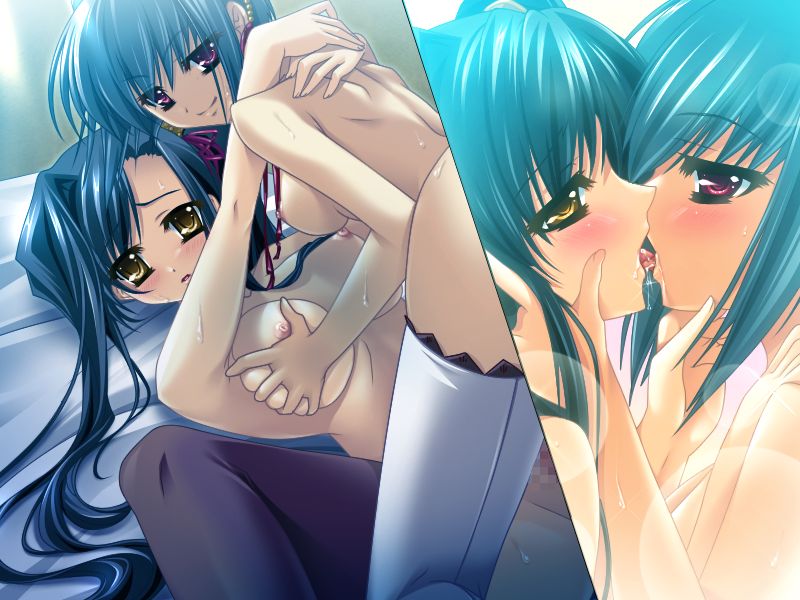 blue_hair blush breast_grab breasts chou'un_shiryuu female game_cg gold_eyes jpeg_artifactskan'u_unchou_(koihime) kan'u_unchou_(koihime) katagiri_hinata kissing koihime†_(series) koihime_musou multiple_girls purple_eyes saliva straight_hair sweat tongue yellow_eyes yuri