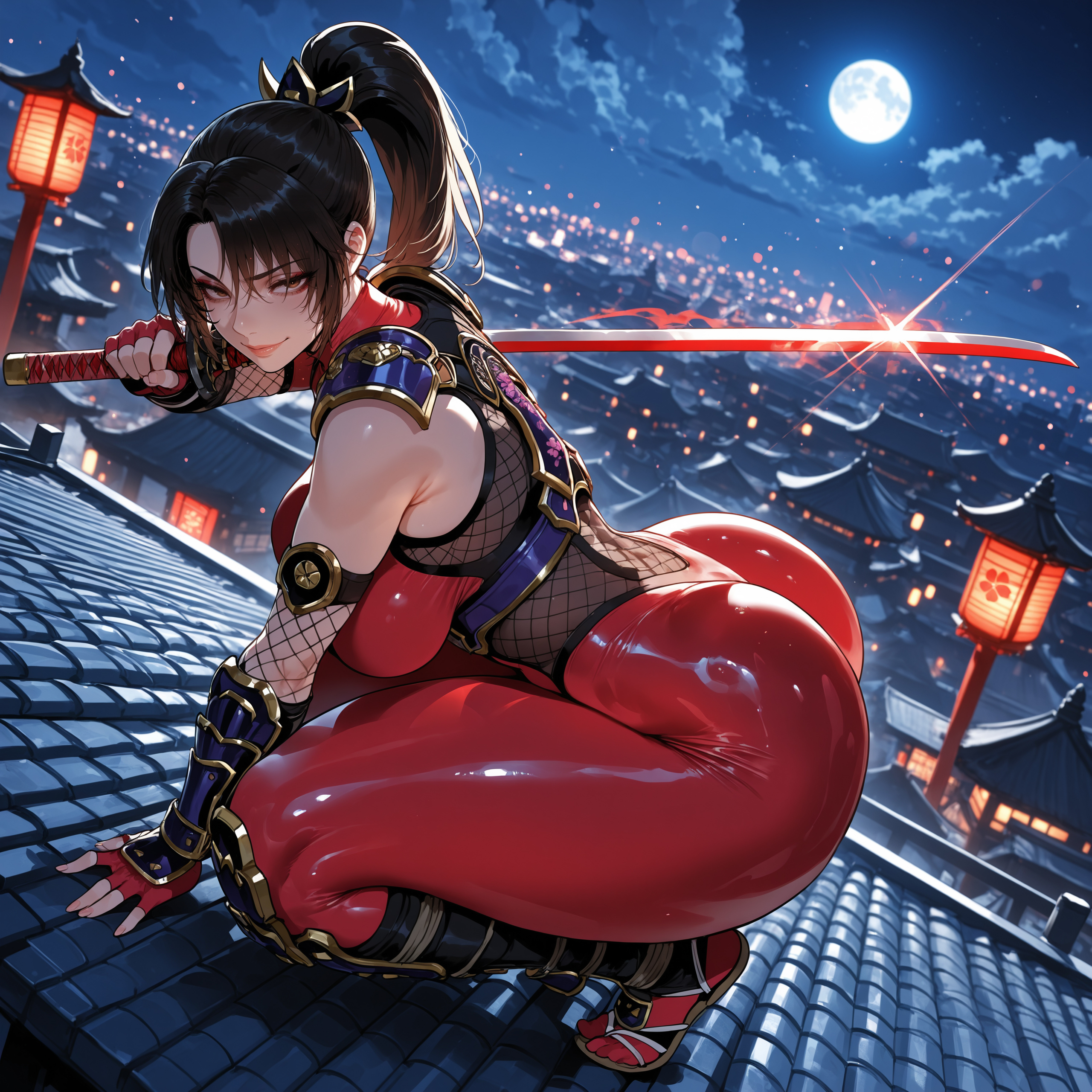 1girls, ai generated, armor, ass, big ass, big breasts, big butt, big thighs, blade, brown eyes, brown hair, female, female only, huge ass, huge breasts, huge butt, huge thighs, looking at viewer, miyuai, ninja, ninja girl, red clothing, solo, soul calibur, taki (soulcalibur), thick, thick ass, thick butt, thick female, thick legs