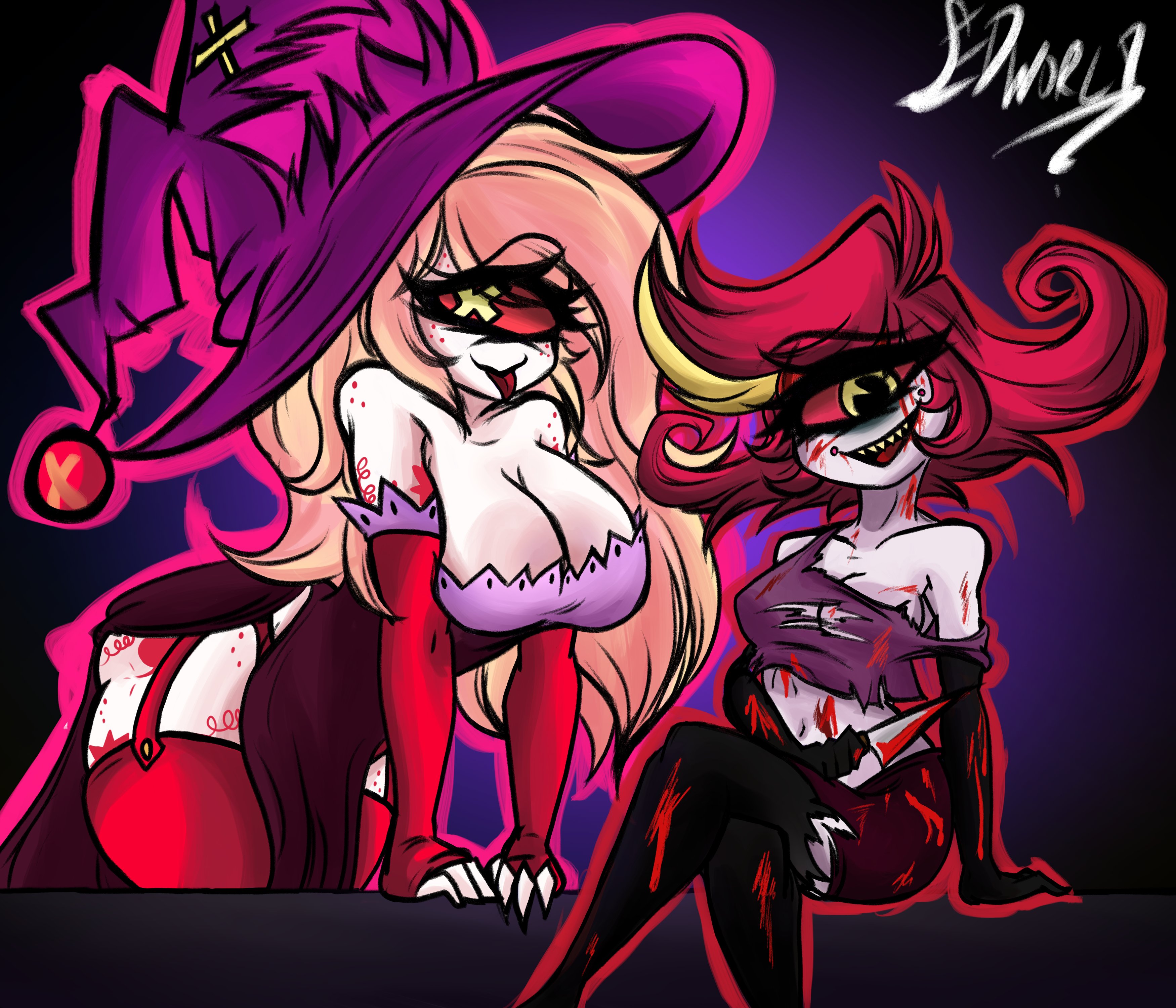 2girls, black gloves, blood on face, blood splatter, blood stain, bloodstain, breasts, cherri bomb, cleavage, cyclops, cyclops girl, edworld, fingerless gloves, garter belt, garter belt socks, garter straps, gloves, halloween, hazbin hotel, knife, large breasts, larger female, leggings, niffty, off shoulder, one eye, pink hair, pink hat, purple hat, red eye, red eyes, red gloves, red hair, ripped clothing, ripped topwear, sharp teeth, smaller female, smiling, smiling at viewer, succubus, teasing, thick thighs, thigh strap, thighhighs, tongue out, tube top, witch, witch costume, witch hat, yellow highlights, yellow iris