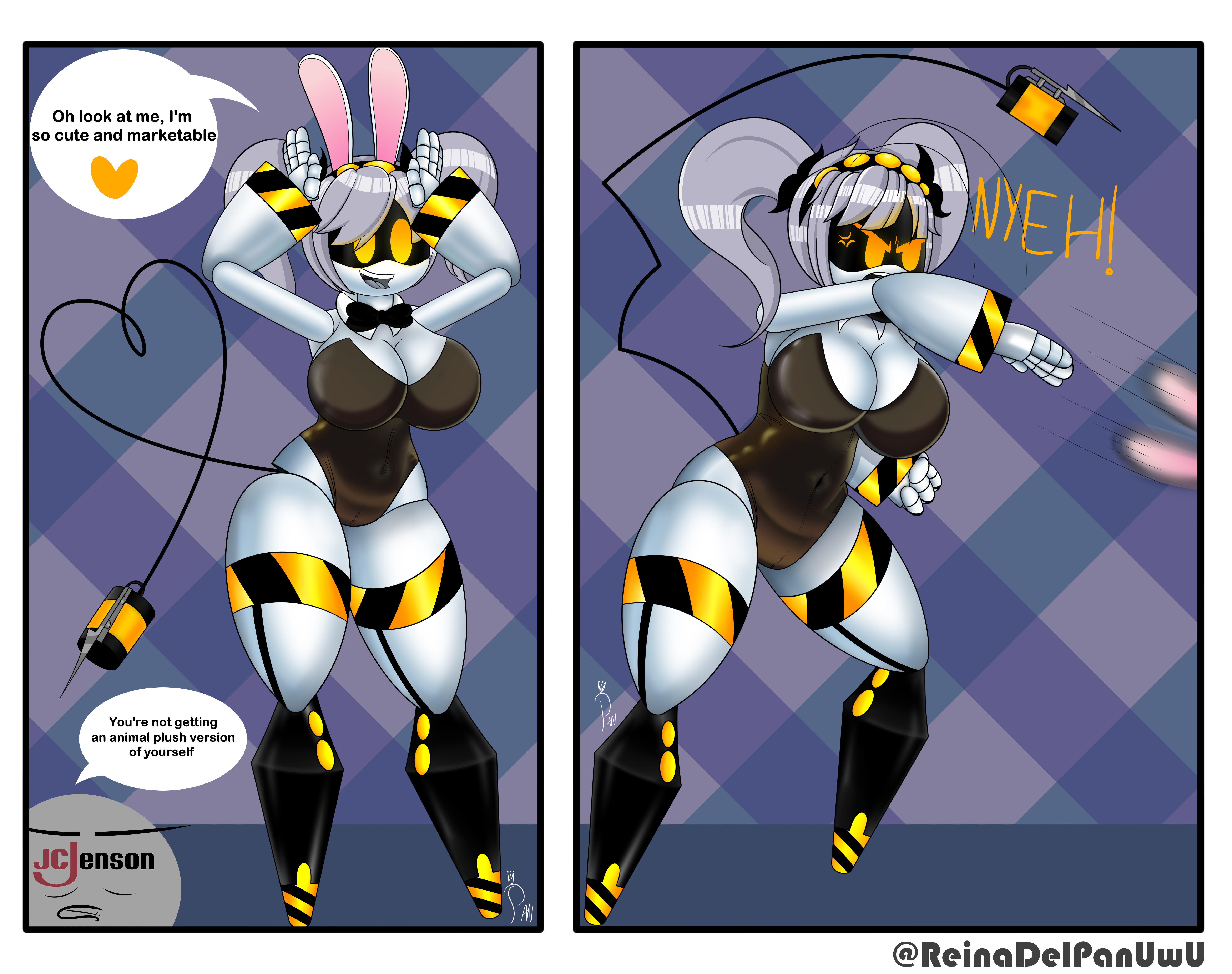 1girls, 2koma, angry, angry expression, angry face, big ass, big breasts, big butt, big thighs, breasts, female, female focus, female only, gray hair, happy, heart, heart tail, j (murder drones), meme, murder drones, orange eyes, rabbit, rabbit ears, rabbit girl, reypan, robot, robot girl, serial designation j, tail, text, thick ass, thick thighs, thighhighs, thighs, twintails, white body, white skin, yellow eyes