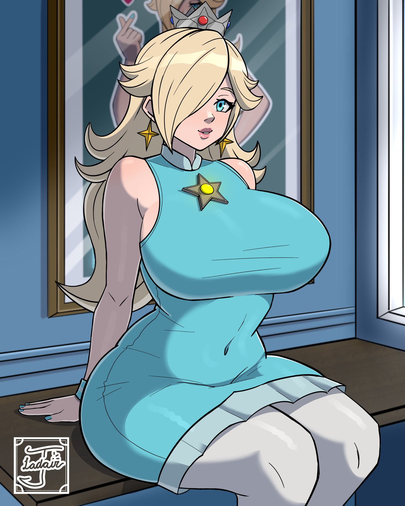 big breasts, blonde hair, breasts, jayladair, looking at viewer, mario (series), nintendo, princess rosalina, sitting, stomach bulge, super mario galaxy, tagme, thick thighs