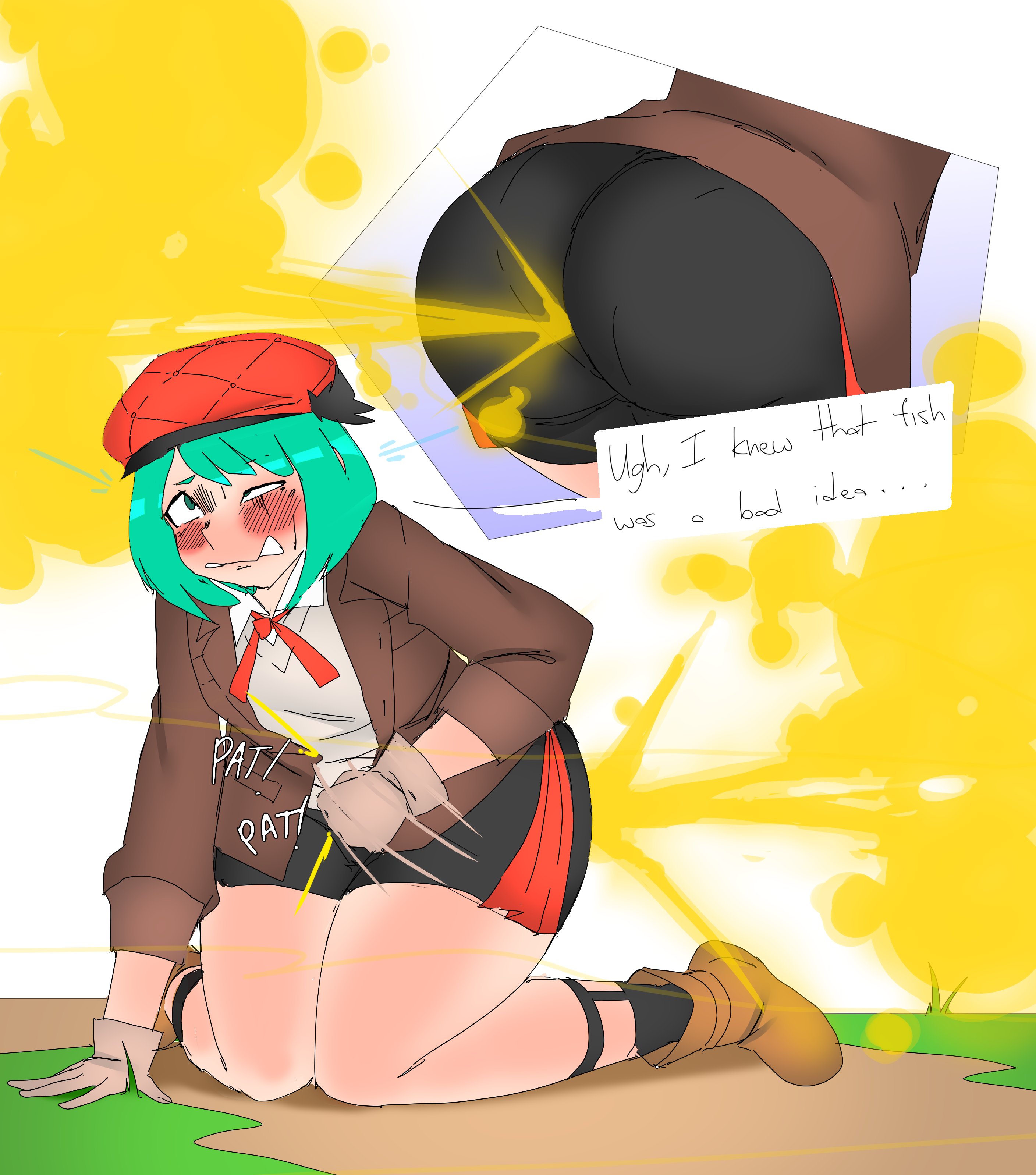 big ass, clothed female, fart, fart cloud, farting, female, green hair, ichi the witch, kumugi, lazei, solo female, thick thighs