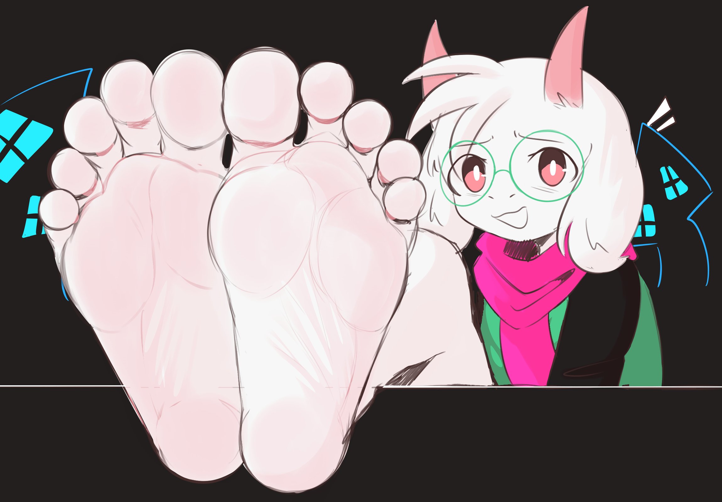 1boy, 2026, 2d, boss monster, clothed, darkner, deltarune, digital media (artwork), dunceleaf, feet, feet fetish, feet focus, fetish, foot fetish, glasses, goat, horns, male, male only, pink eyes, ralsei, ralsei with white fur, solo, twitter link