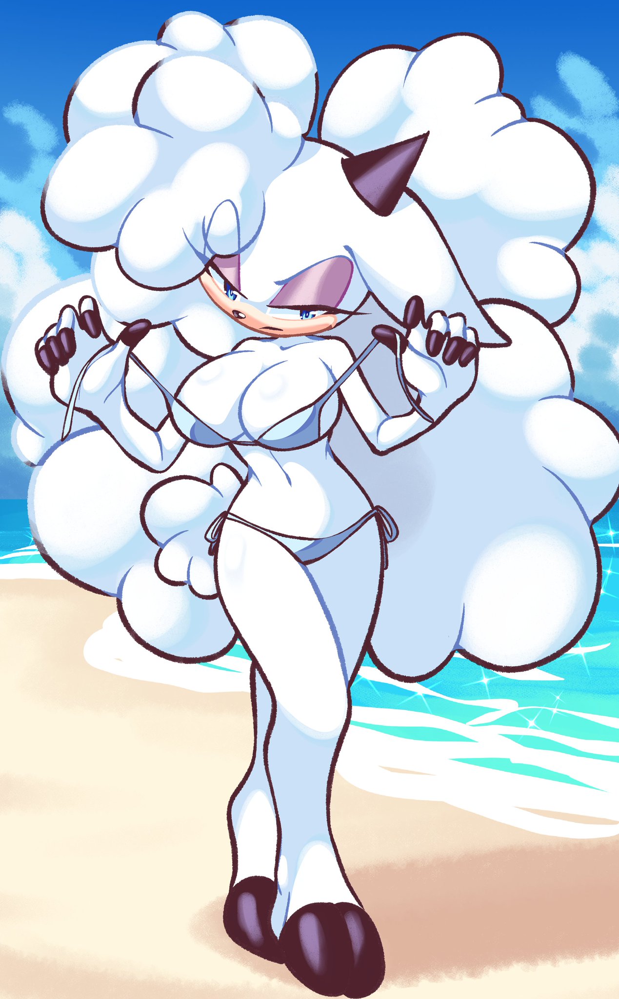 2d, 2d (artwork), 2d artwork, beach, belly button, big ass, big breasts, big hips, big thighs, bikini, bikini bottom, bikini top, blue eyes, busty, busty female, curvaceous, curvy, curvy female, curvy figure, eyelashes, fluffy hair, half-closed eyes, horns, hourglass figure, hourglass figured female, lanolin the sheep, lanolin the sheep (sonic), large breasts, nan0lovesyou, ocean, purple eyeshadow, sega, sonic (series), sonic the hedgehog (idw), sonic the hedgehog (series), taking off bikini, thick ass, thick hips, thick thighs, thin waist, undressing, white fur, wool (fur)