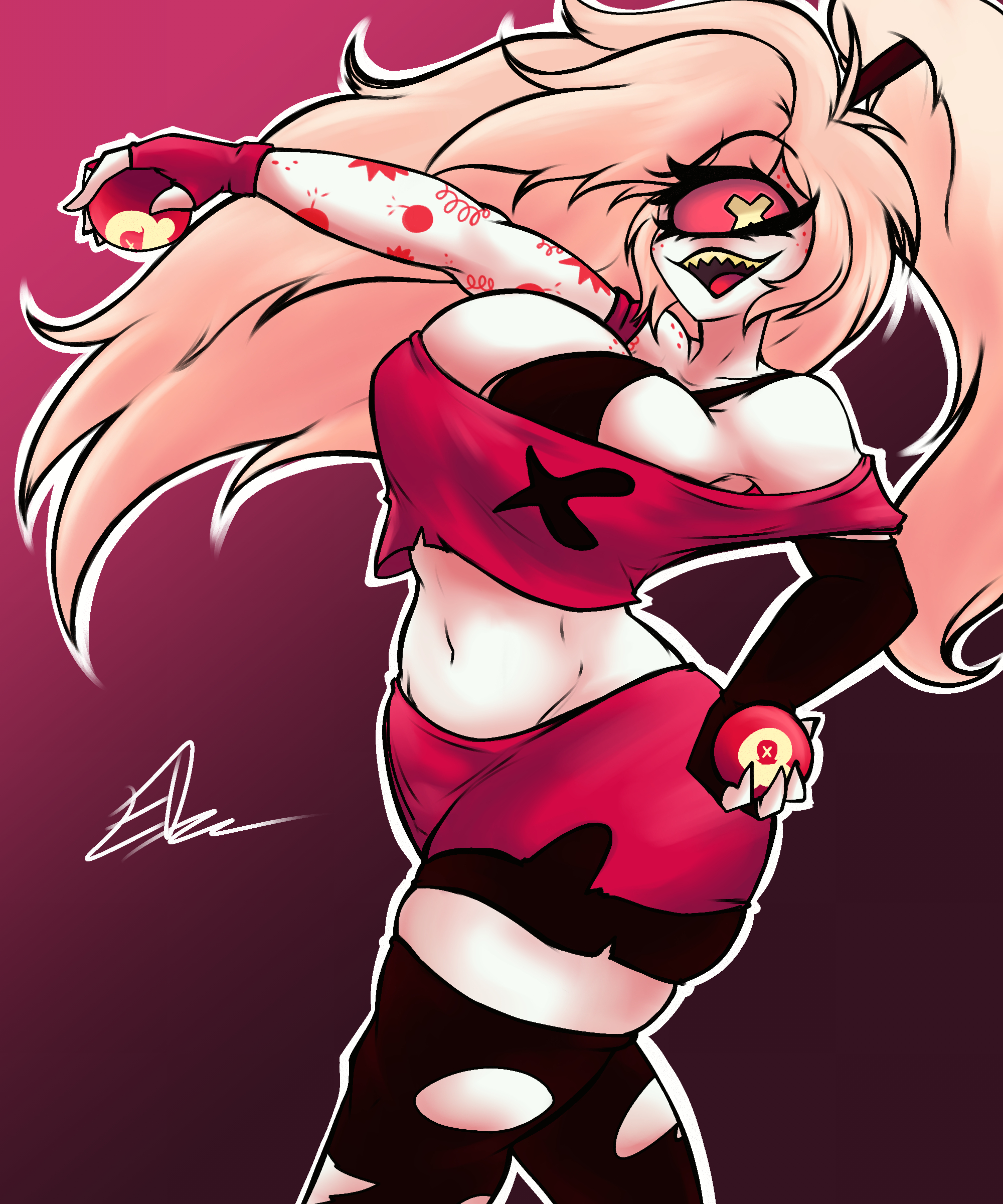 belly, belly button, big breasts, cherri bomb, cherri bomb (hazbin hotel), edworld, grenade, hazbin hotel, solo, tattoo, tattooed arm, tattoos, thick thighs, throwing object, torn clothes