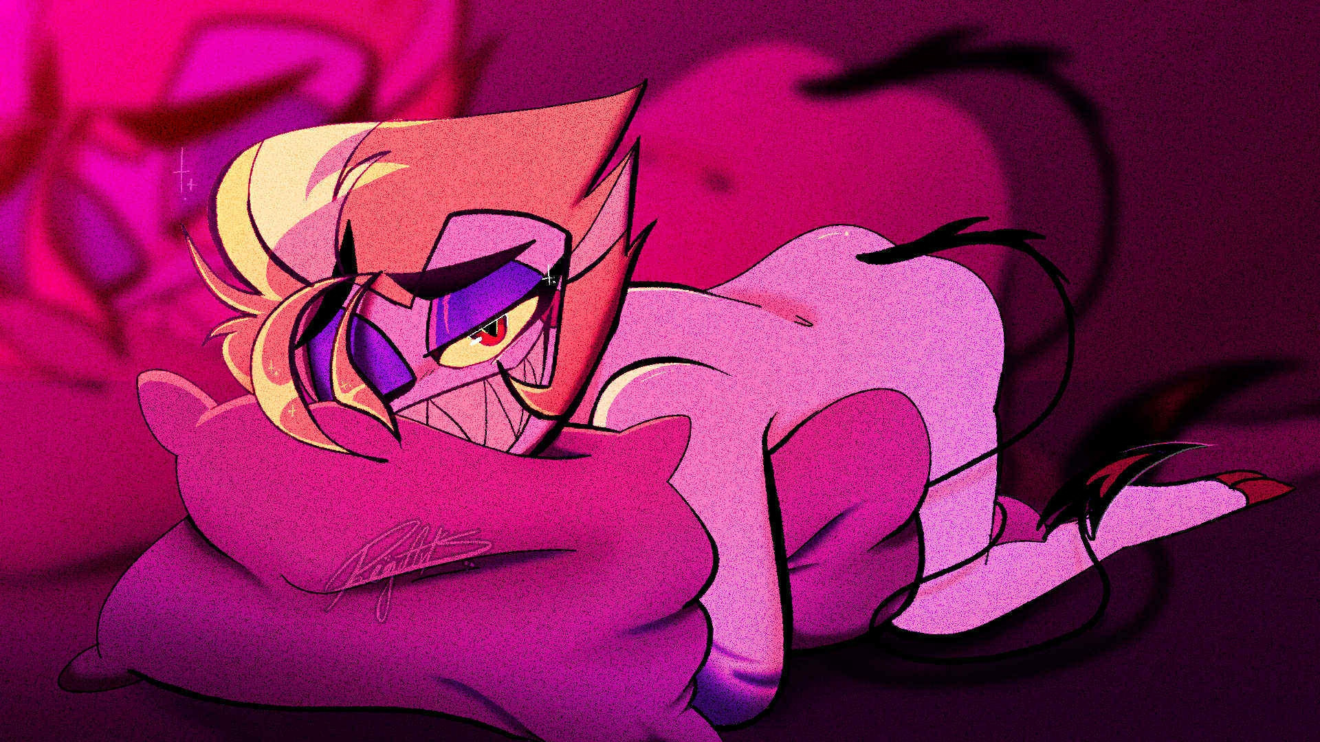 dry humping, femboy, femboy dilf, hazbin hotel, hazbin hotel (season 2), lucifer morningstar (hazbin hotel), male, pillow, pillow hug, pillow humping