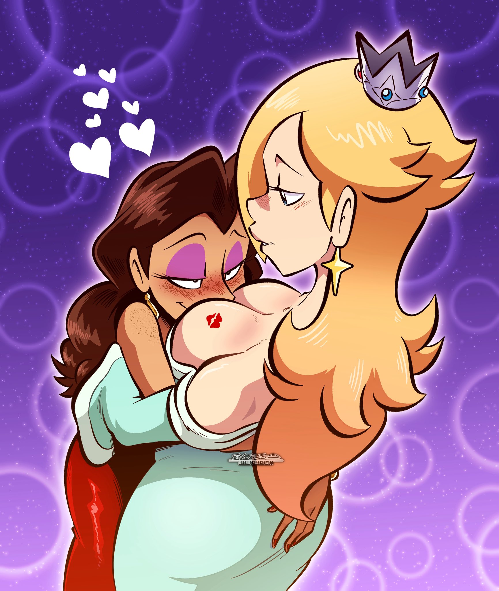 2girls, aroused, aroused face, aroused smile, artist name, artist watermark, ass, ass in dress, bedroom eyes, big breasts, blonde hair, blush, brandon santiago (artist), breasts, breasts focus, brown hair, busty, cleavage, cleavage dress, colored, colored background, crown, dark-skinned female, digital drawing (artwork), digital media (artwork), dress, earrings, face in breasts, female, female focus, female only, hand on ass, heart, kiss mark, kiss mark on breast, large breasts, lesbian focus, light blue dress, light skin, light-skinned female, lips, lipstick mark on breast, lipstick on breast, long blonde hair, long brown hair, long hair, looking at another, looking at each other, looking at partner, mario (series), nintendo, pauline, pauline (mario), princess rosalina, purple background, red dress, red lipstick, revealing breasts, smile, smiling at partner, standing, tan skin, tanned female, wholesome, yuri