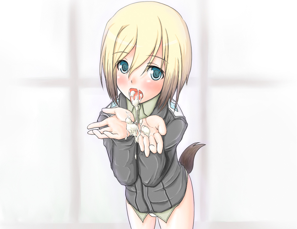 blush clothing cum cum_in_mouth erica_hartmann green_eyes panties petag2 short_hair strike_witches tail two_tone_hair underwear uniform