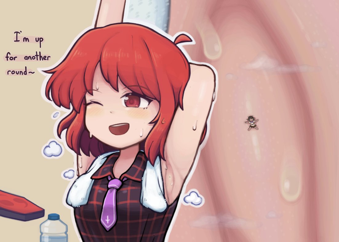 1girls, after workout, ahoge, armpits, checkered clothes, checkered shirt, cunlel, female, giantess, micro, necktie, one eye closed, raiko horikawa, red eyes, red hair, seija kijin, short hair, sleeveless, stretching, sweat, touhou, towel, towel around neck, water bottle