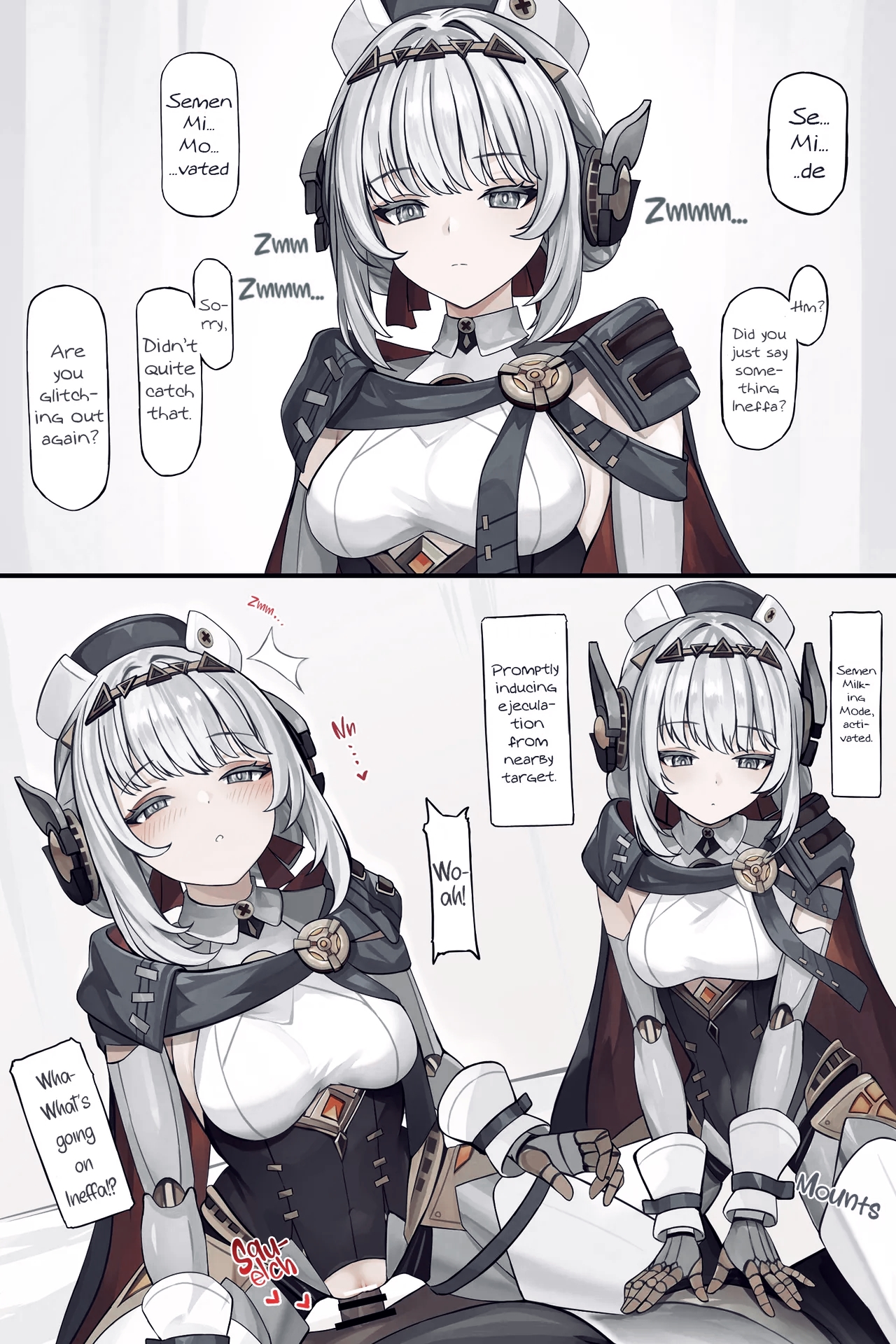 dark-skinned male, duo, female, genshin impact, hentai, ineffa (genshin impact), kuudere, male, manga, penis, robot, se34tai, waifu