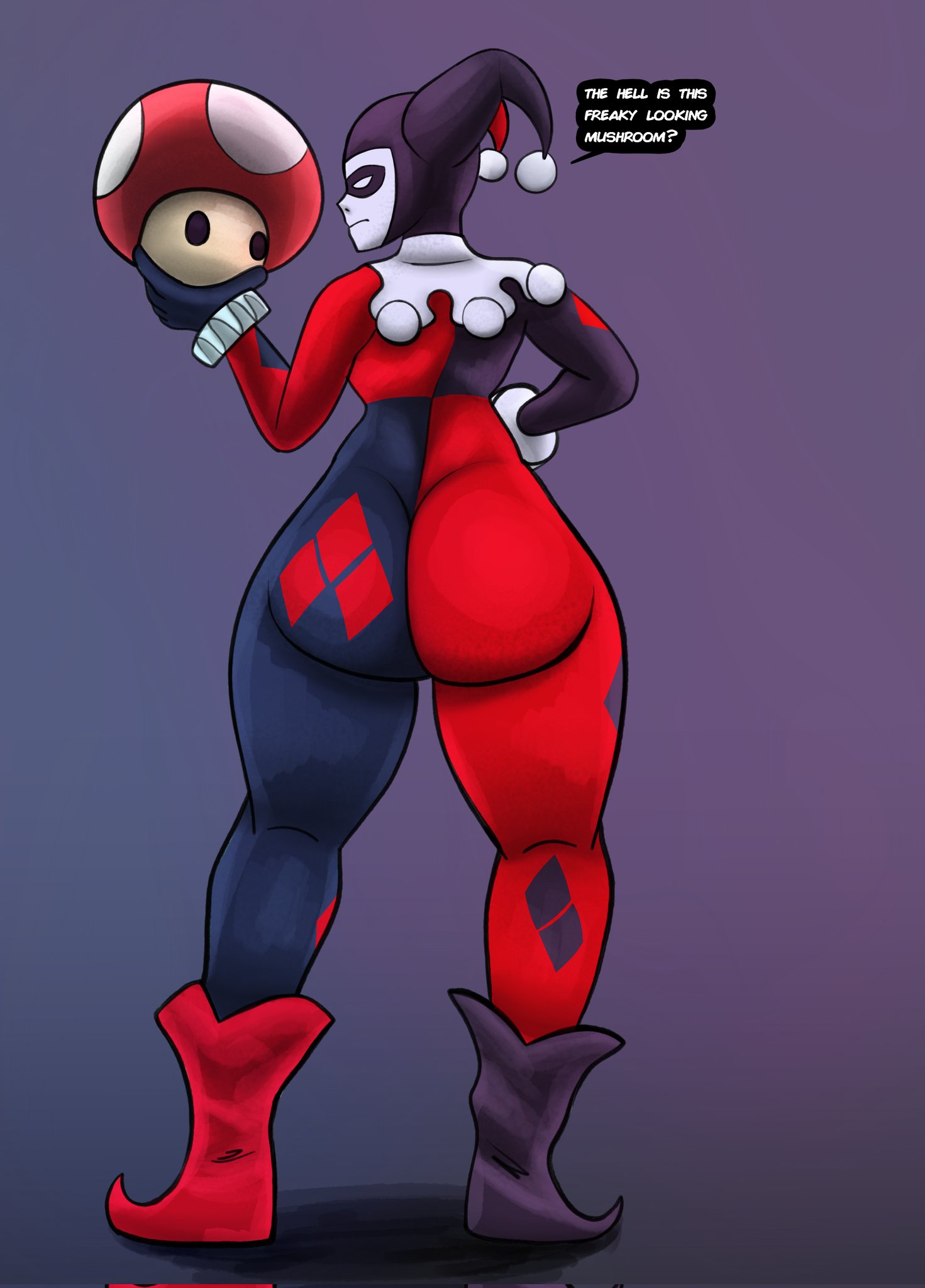 1girls, ass, ass focus, batman (series), behind view, big ass, big butt, bodysuit, butt, butt focus, clothed, clothed female, clothing, clown, clown girl, dc, dc comics, dialogue, english dialogue, english text, fat ass, female, female focus, female only, fully clothed, harley quinn, harley quinn (classic), jester, jester cap, jester girl, jester outfit, large ass, large butt, mushroom, rear view, superbone, text, thick ass, thick thighs