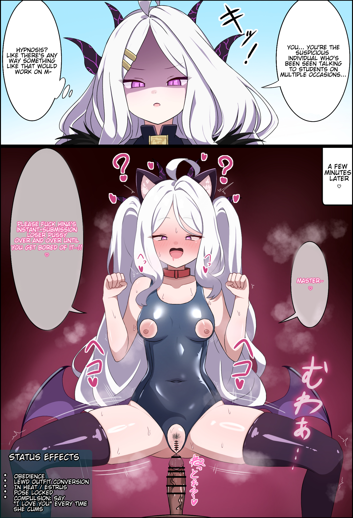 1boy, ahoge, bar censor, black thighhighs, blue archive, bowlegged pose, breasts, censored, dark-skinned male, defeat, demon girl, demon horns, demon wings, english text, female, hard translated, heart, heart-shaped pupils, highres, hina (blue archive), horns, hypnosis, instant loss, long hair, looking at viewer, low wings, mind control, nipples, open mouth, penis, pubic hair, purple eyes, pussy, revealing clothes, rionsanuma, school swimsuit, small breasts, swimsuit, symbol-shaped pupils, thighhighs, thighs, translated, twintails, very long hair, white hair, wings