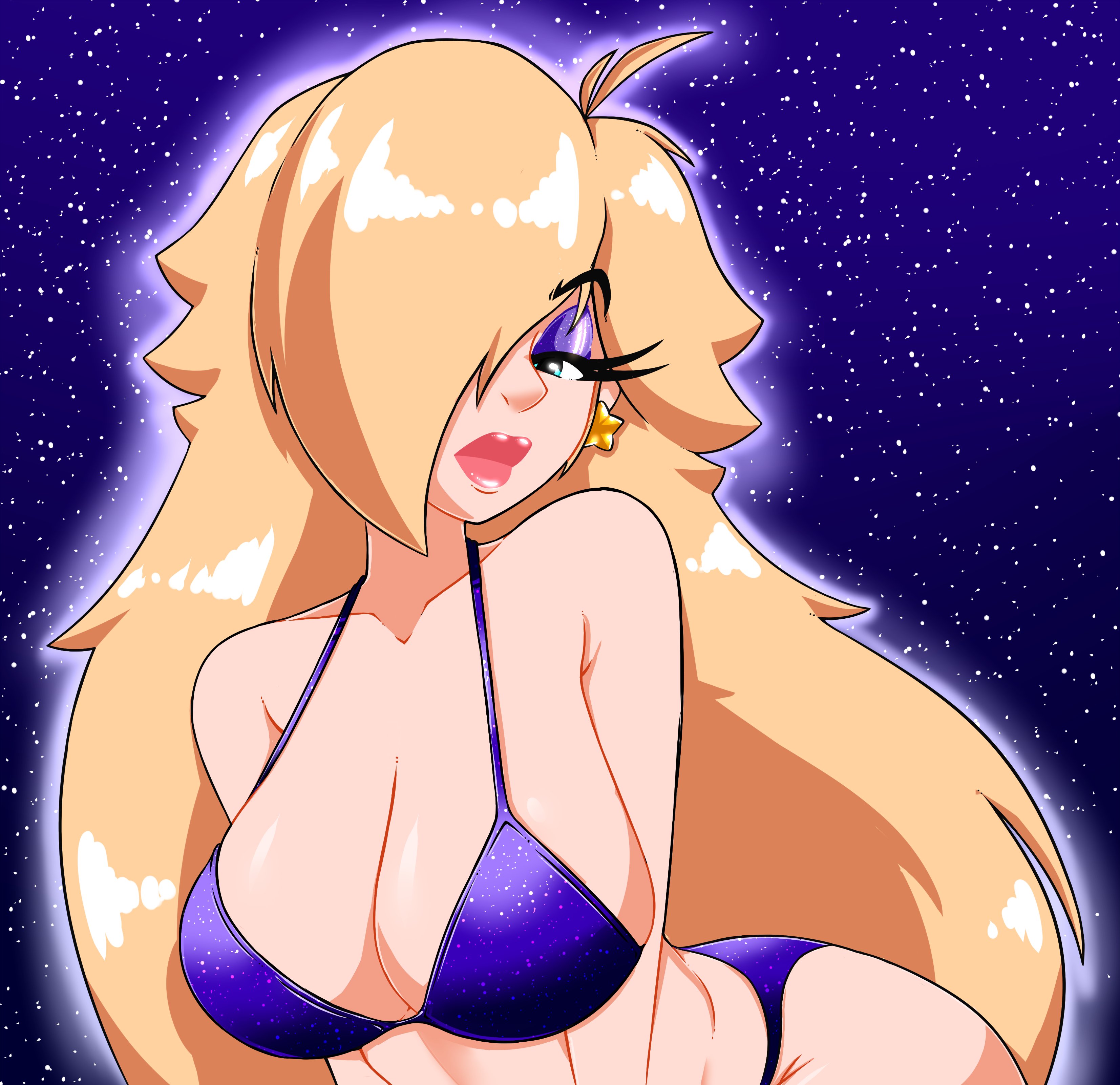 1girls, big breasts, bikini, blonde hair, blue eyes, bra, breasts, eyeshadow, female, female focus, female only, hair, hair over one eye, light skin, light-skinned female, long hair, looking at viewer, macaluso, mario (series), nintendo, one eye covered, princess rosalina, solo, solo female, solo focus, space, super mario galaxy, thick lips, video games