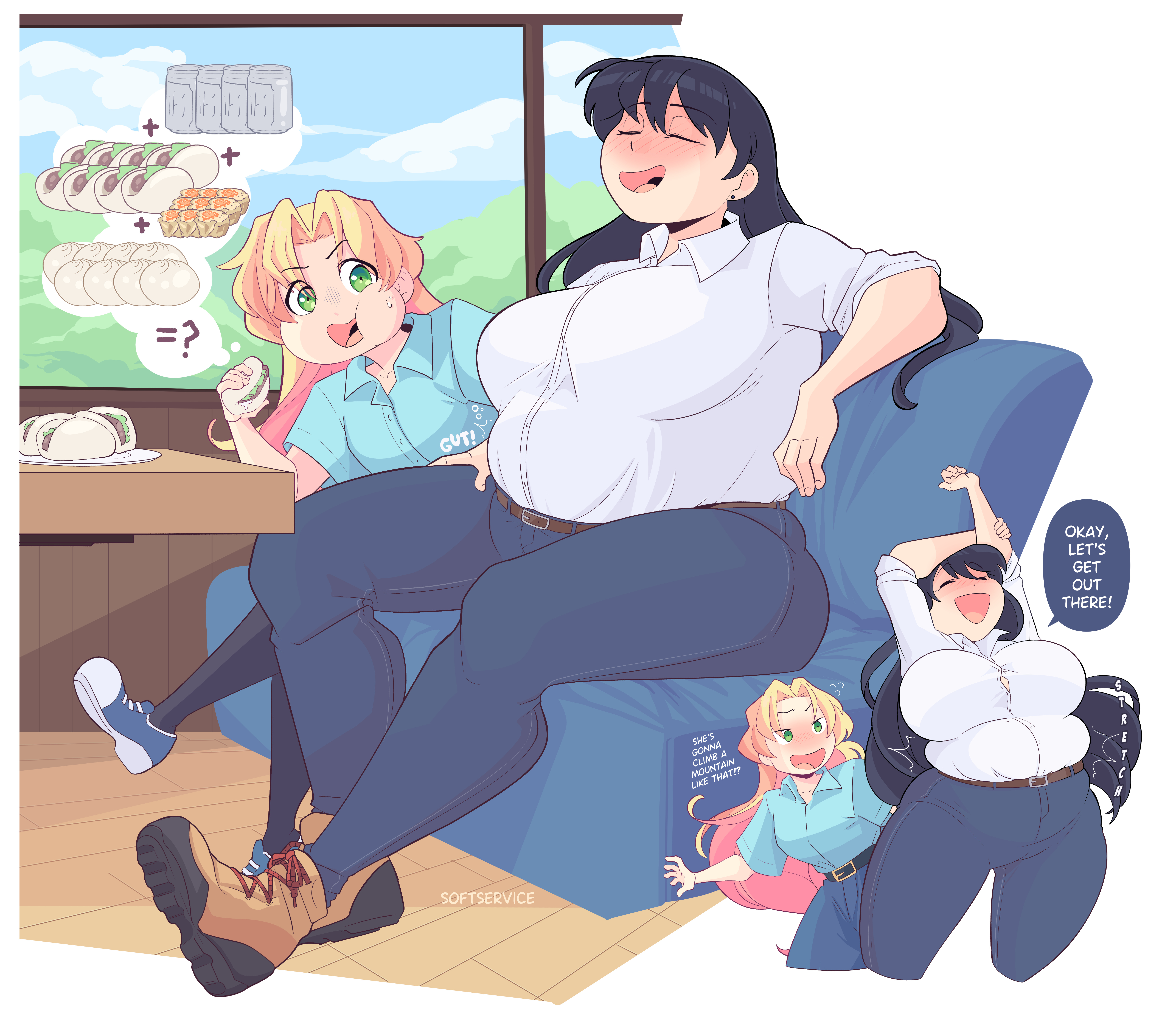 2girls, arato nagi, bbw, big belly, big breasts, bloated belly, chubby, denim jeans, fat fetish, overweight female, ruri no houseki, softservice, stuffed belly, tanigawa ruri, weight gain