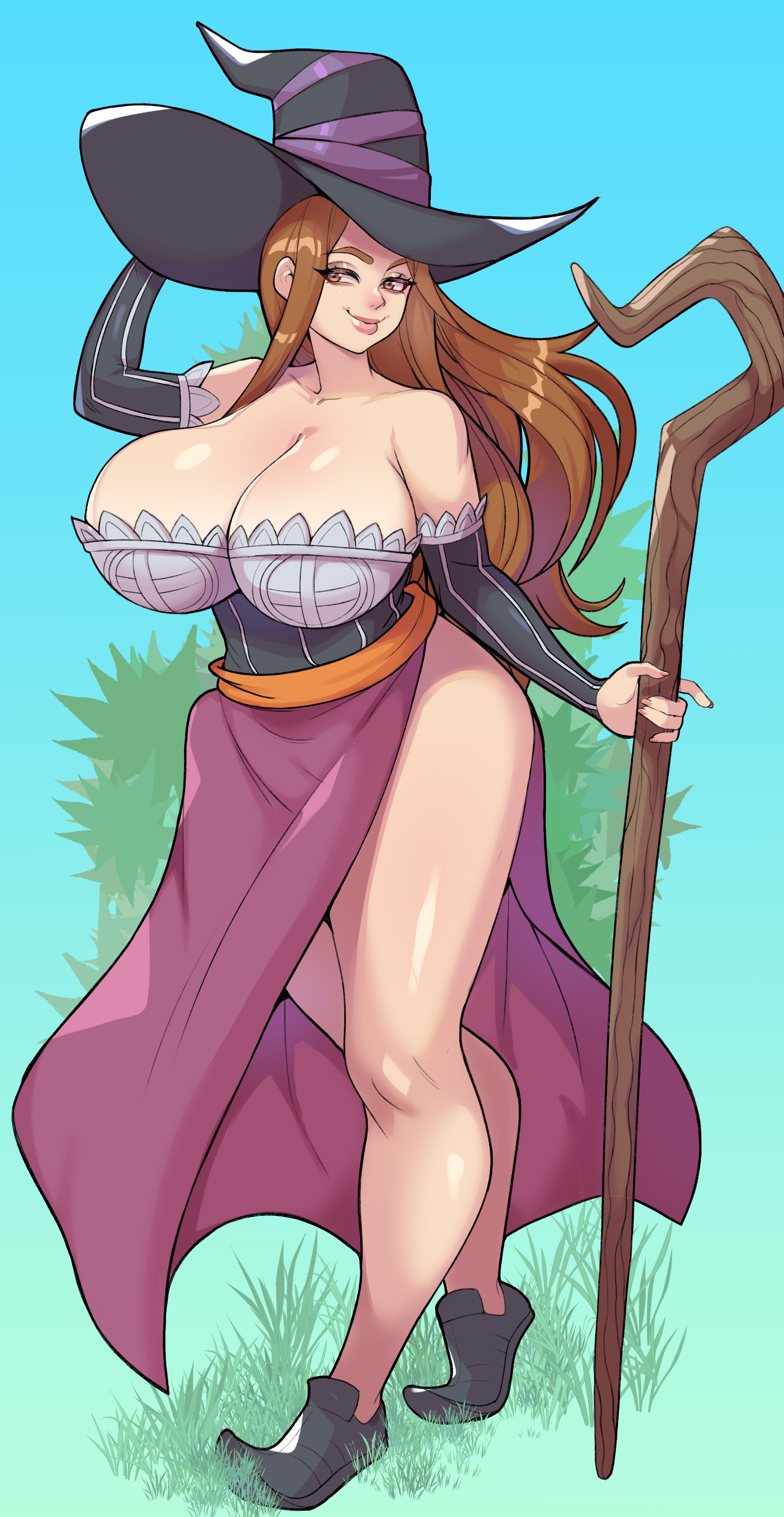 1girls, 2025, absurd res, big breasts, brown eyes, brown hair, cleavage, dragon's crown, female, female only, full body, greenhelldraws, greenmarine, huge breasts, long hair, looking at viewer, smiling, smiling at viewer, solo, sorceress (dragon's crown), staff, thick thighs, witch hat