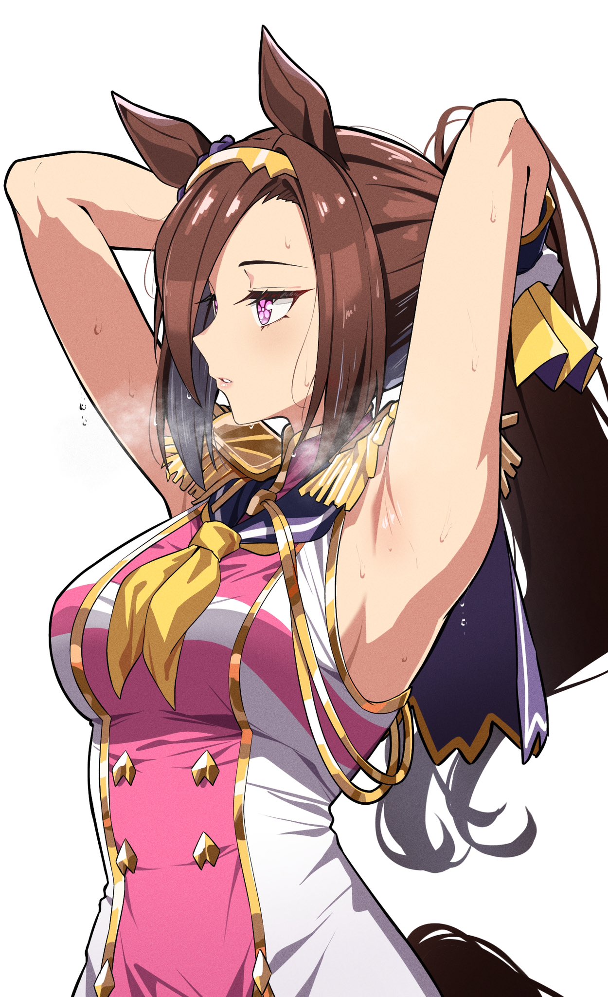 1girls, animal ears, animal tail, armpit, armpit fetish, arms behind head, bakushin o armpit gif (meme), breasts, brown hair, ear ornament, epaulettes, exposed armpits, eyelashes, female, female only, flower shaped pupils, hairband, hairtie, highres, horse ears, horse girl, horse tail, long hair, looking away, medium breasts, parted bangs, pink eyes, ponytail, reia 76, sakura bakushin o (umamusume), sideboob, sleeveless shirt, solo, sweat, sweatdrop, sweaty, tie, tying hair, umamusume, umamusume pretty derby, white background