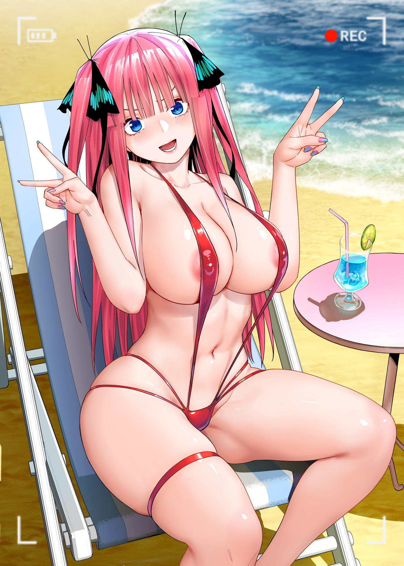 :d, areola slip, battery indicator, beach, beach chair, beach umbrella, black ribbon, blue eyes, blunt bangs, breasts, butterfly hair ornament, cleavage, commentary request, covered erect nipples, cut bangs, double v, female, go-toubun no hanayome, gradient nails, hair ornament, hands up, highres, kosmos beta, large breasts, long hair, looking at viewer, nakano nino, navel, ocean, open mouth, paid reward available, partial commentary, pink hair, quintessential quintuplets, red slingshot swimsuit, ribbon, round table, sitting, slingshot swimsuit, smile, solo, swimsuit, table, taking picture, thigh strap, tropical drink, umbrella, v, variant set, viewfinder