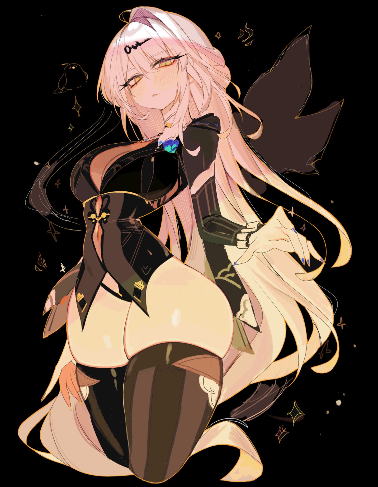1girls, 2026, bare thighs, black background, breasts, closed mouth, clothed, clothing, color, colored, digital media (artwork), female, female only, fully clothed, hair, hi res, hoyoverse, huge thighs, legs, legwear, light skin, light-skinned female, long hair, looking at viewer, looking down, mihoyo, simple background, small waist, solo, thick thighs, thighhighs, thighs, usa37107692, white hair, yellow eyes, yixuan (zenless zone zero), zenless zone zero