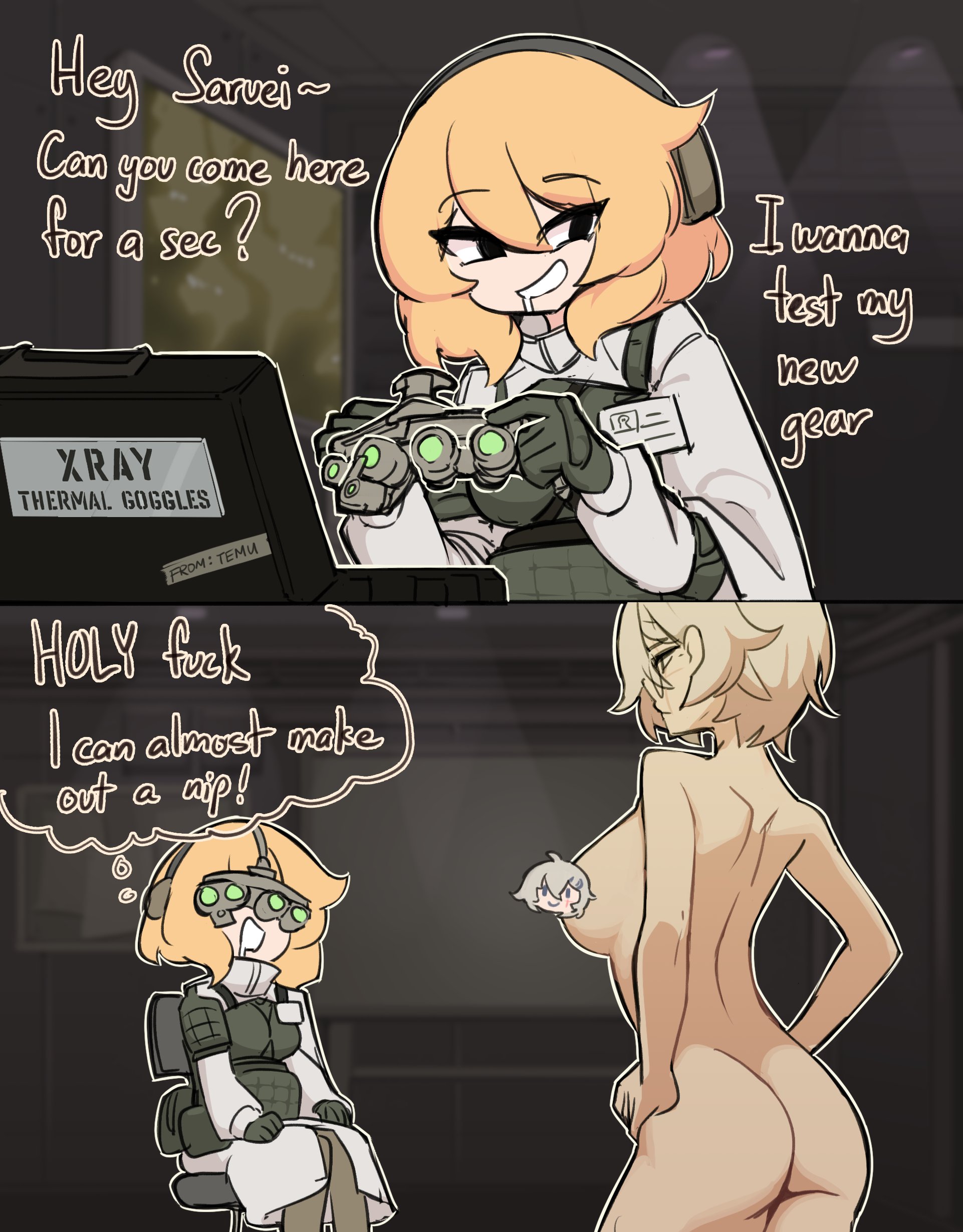 black hair, blonde, blonde female, blonde hair, blonde hair female, censored, censored nipples, centurii-chan, centurii-chan (character), clothed, clothed female, clothed female nude female, drool, drooling, female only, glasses, humor, military uniform, multiple females, multiple girls, naked, naked female, nude, nude female, original, pervert, pervert female, saruei (vtuber), scar, scar across eye, short hair, thermal goggles, white hair, x-ray glasses, xray
