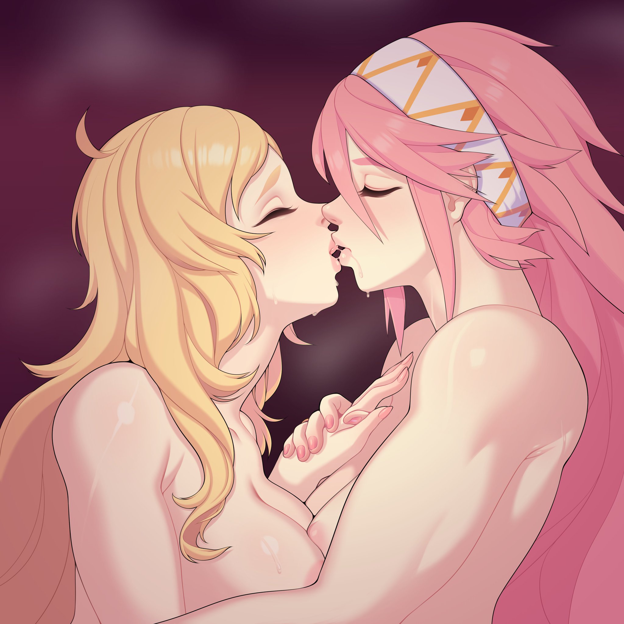 blonde hair, breast press, breasts, closed eyes, drooling, fire emblem, fire emblem fates, headband, holding hands, kissing, long hair, ophelia (fire emblem), pink hair, saliva, seios, sloppy kiss, soleil (fire emblem), yuri