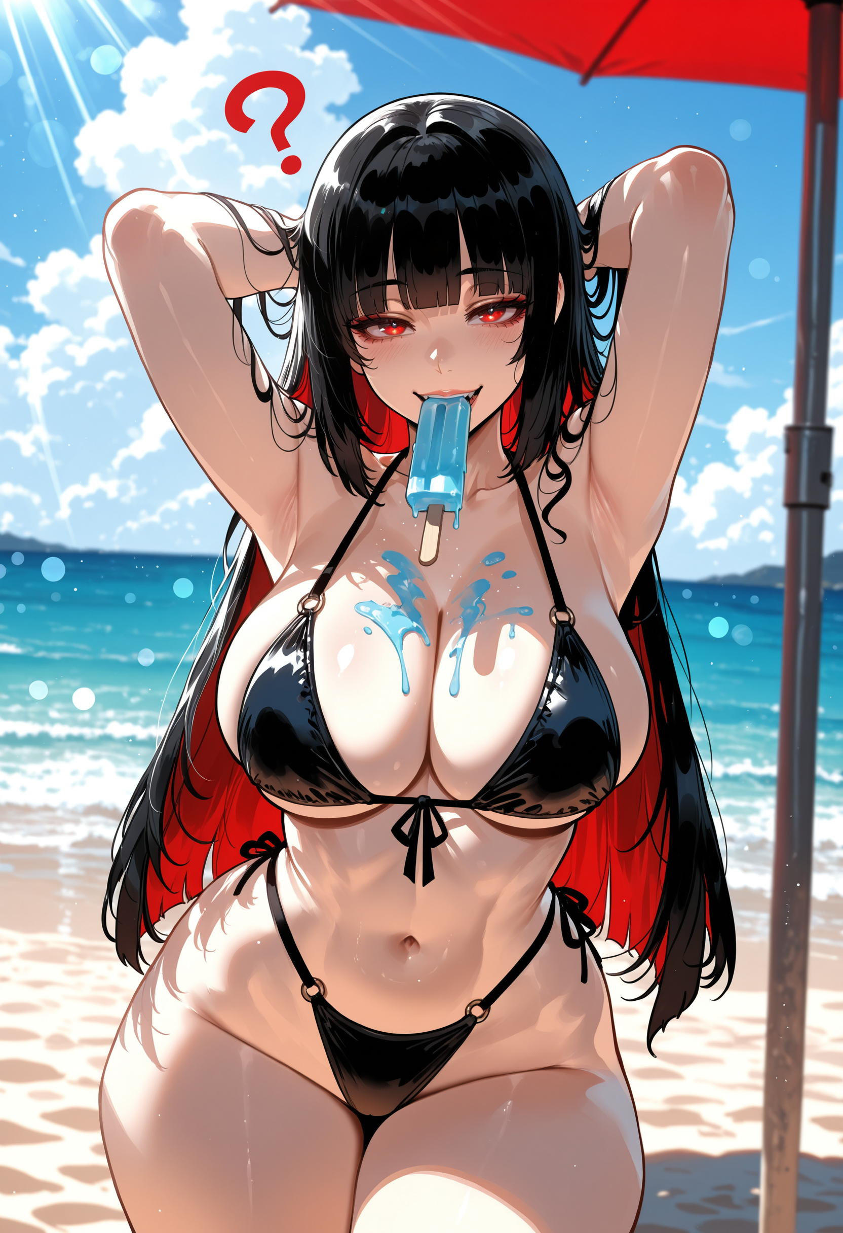 1girls, ai generated, beach, beach background, big ass, big breasts, big butt, big thighs, bikini, black bikini, black hair, female, female only, huge ass, huge breasts, huge butt, huge thighs, jabami yumeko, kakegurui, looking at viewer, miyuai, pale-skinned female, red eyes, sexy, sexy body, solo, thick, thick ass, thick butt, thick legs, thick thighs