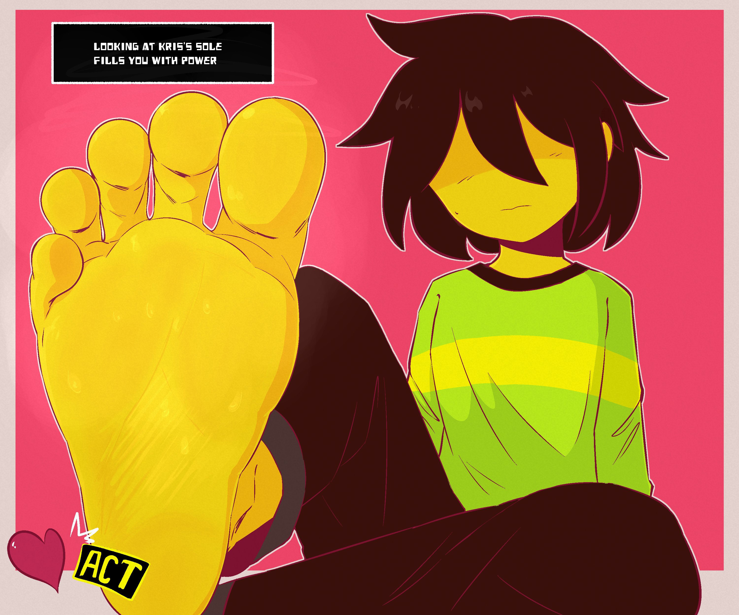 1other, 2026, 2d, ambiguous gender, clothed, deltarune, digital media (artwork), dunceleaf, english text, feet, feet fetish, fetish, hair between eyes, human, kris (deltarune), nonbinary, soul (deltarune), text, twitter link, yellow body