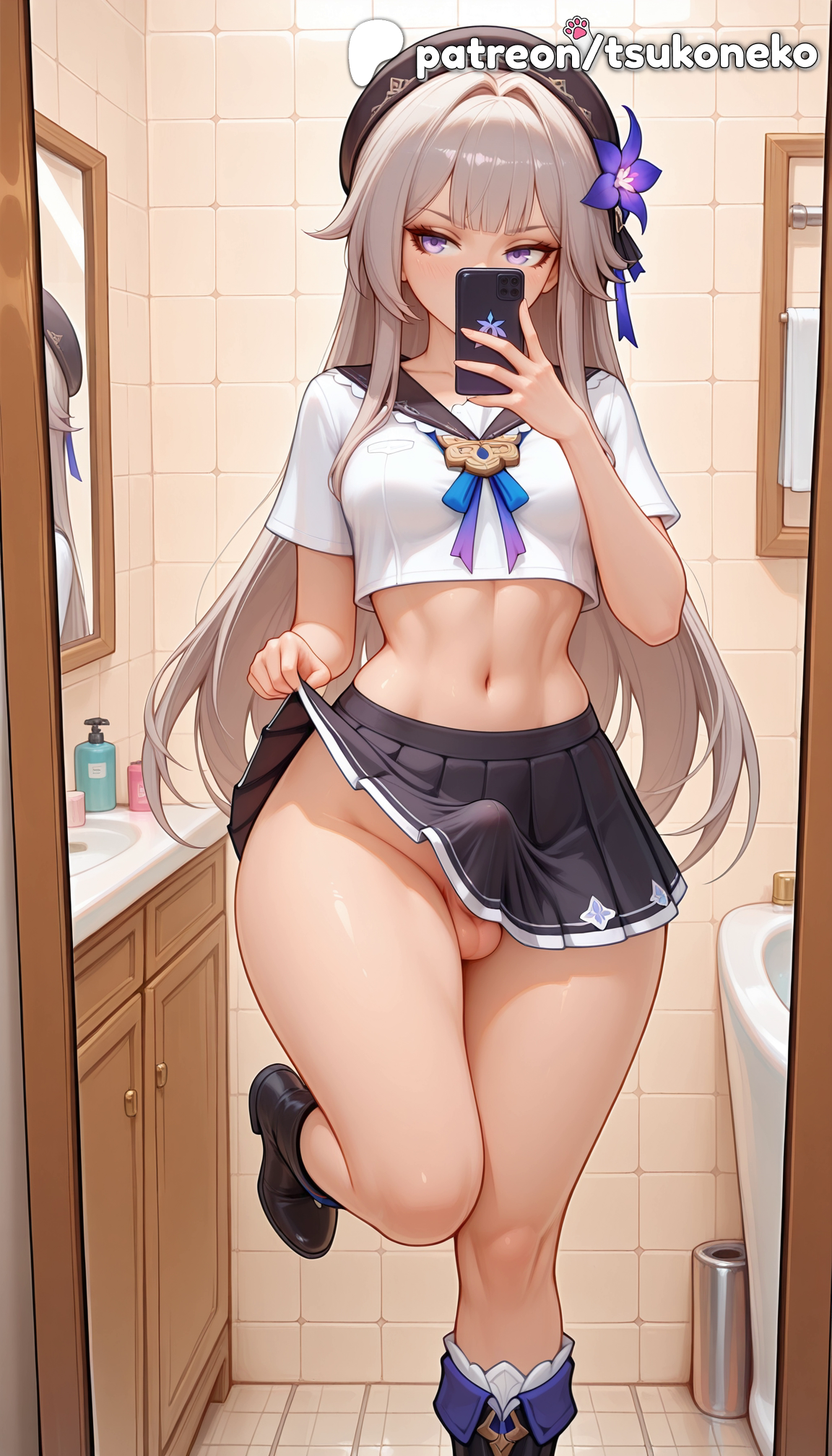 1futa, 2026, ai assisted, ai generated, anime, artist name, bathroom, brick wall, ceiling, cellphone, explicit, futanari, hat, herta (honkai: star rail), hi res, high quality, high resolution, highres, holding phone, honeycomb background, honkai (series), honkai: star rail, lifted by self, long hair, navel, no panties, patreon, patreon username, penis, phone, purple eyes, restroom, selfie, skirt, stable diffusion, the herta (honkai: star rail), tile floor, tile wall, tiles, toilet, toilet paper, toilet use, tsukoneko, watermark