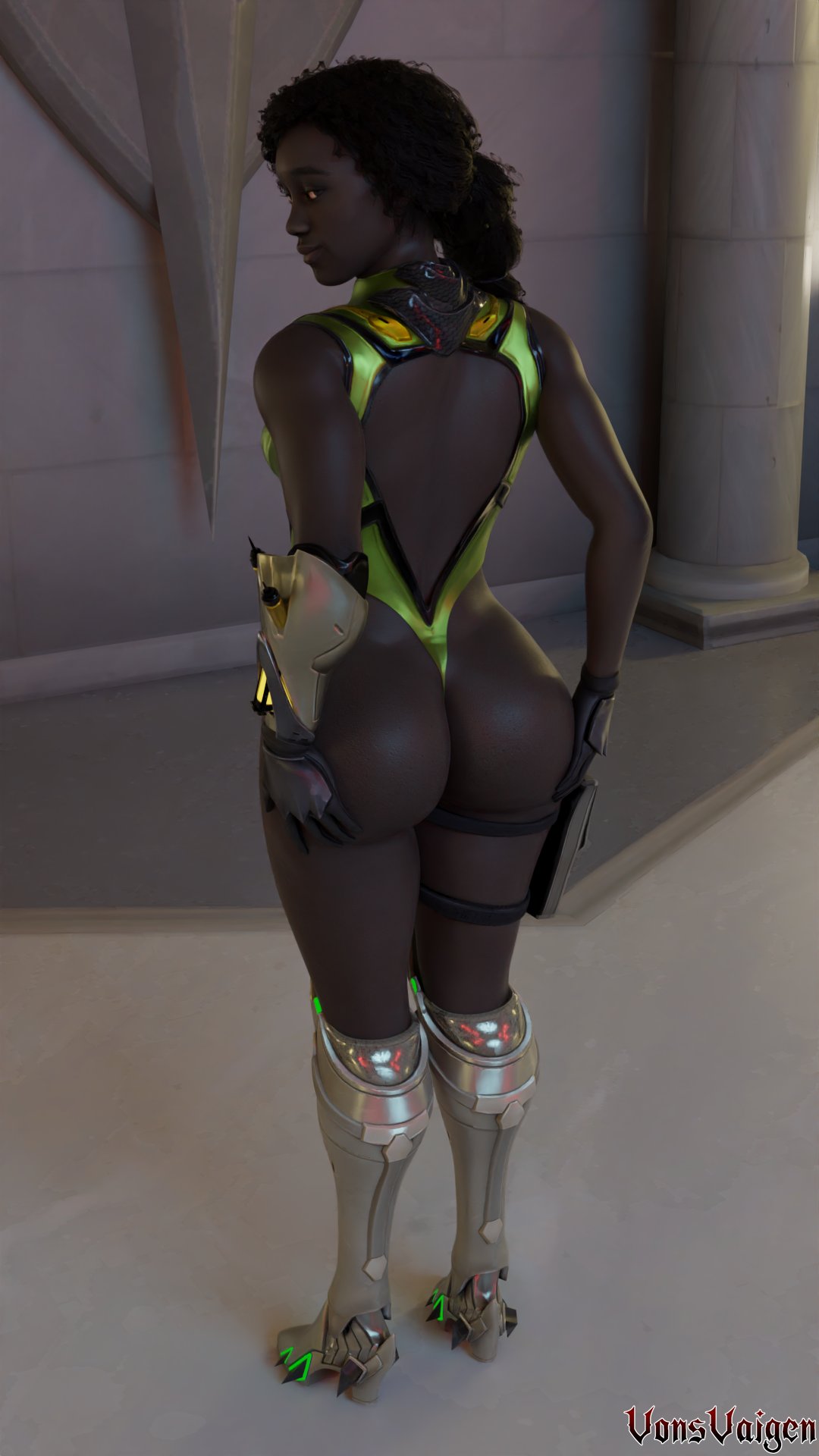 1girls, 3d, ass, back view, big ass, bubble butt, chocolate girl, curly hair, dark skin, dark-skinned female, ebony, ebony female, female, female only, hand on ass, jacqui briggs, looking back, mortal kombat, mortal kombat 11, ponytail, presenting, presenting hindquarters, solo, standing, vonsvaigen