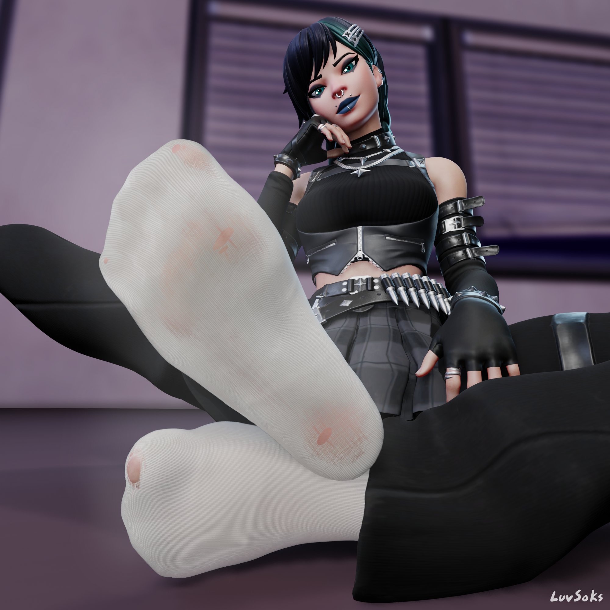 1girls, 3d, black hair, e-girl, ear piercing, epic games, feet, feet focus, foot fetish, foot focus, footwear, fortnite, fortnite: battle royale, goth, goth girl, green eyes, lip piercing, luvsoks, nose piercing, piercing, piercings, rain (fortnite), ripped stockings, socks, sweat, sweaty feet, white socks