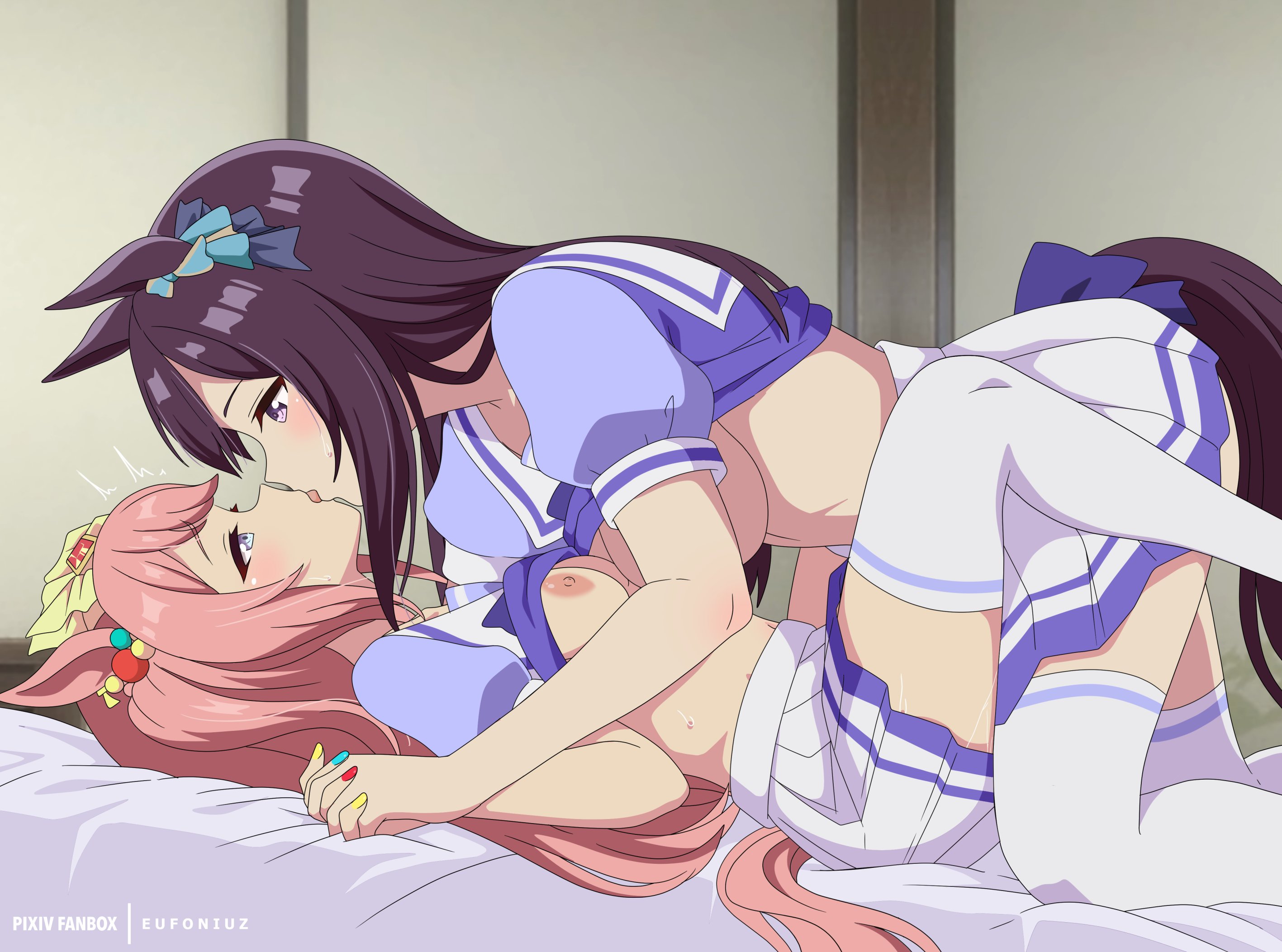 2girls, agnes digital (umamusume), animal ears, aqua nails, bed, blue eyes, breasts, brown hair, clothes lift, commentary request, couple, ear ornament, eufoniuz, eye contact, female only, female/female, french kiss, highres, holding hands, horse ears, horse girl, horse tail, interlocked fingers, kissing, lesbian couple, lesbian kiss, long hair, looking at another, lying, medium breasts, mejiro dober (umamusume), multicolored nails, multiple girls, nail polish, nipples, no men, on back, on bed, pink hair, pleated skirt, puffy short sleeves, puffy sleeves, purple eyes, purple shirt, red nails, school uniform, shirt, shirt lift, short sleeves, skirt, tail, thighhighs, tracen school uniform, umamusume, white skirt, white thighhighs, yellow nails, yuri
